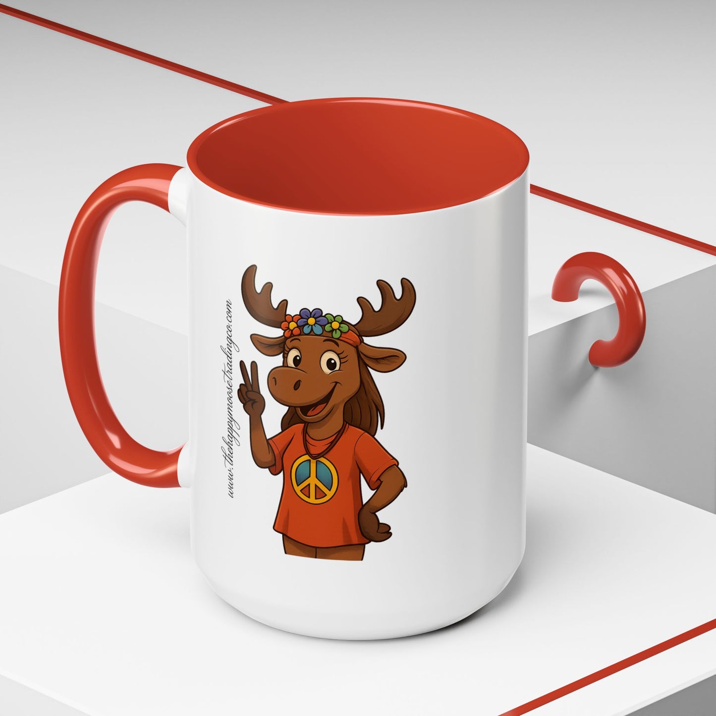 Peace Sign Moose Accent Coffee Mug — Hippie Moose with Flower Crown (11/15oz)