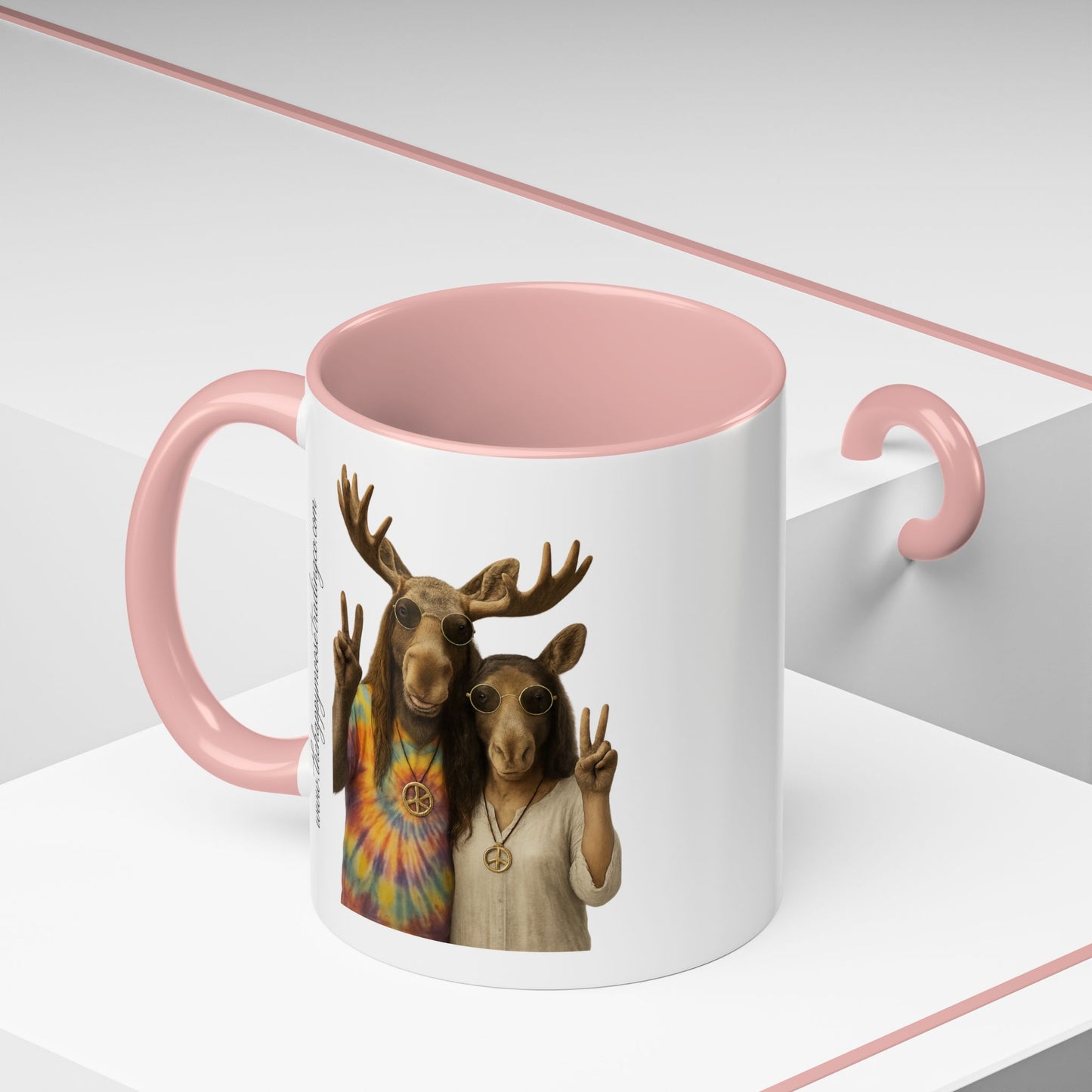 Peaceful Moose Couple Accent Coffee Mug — Hippie Tie-Dye Moose Peace Sign 11/15oz