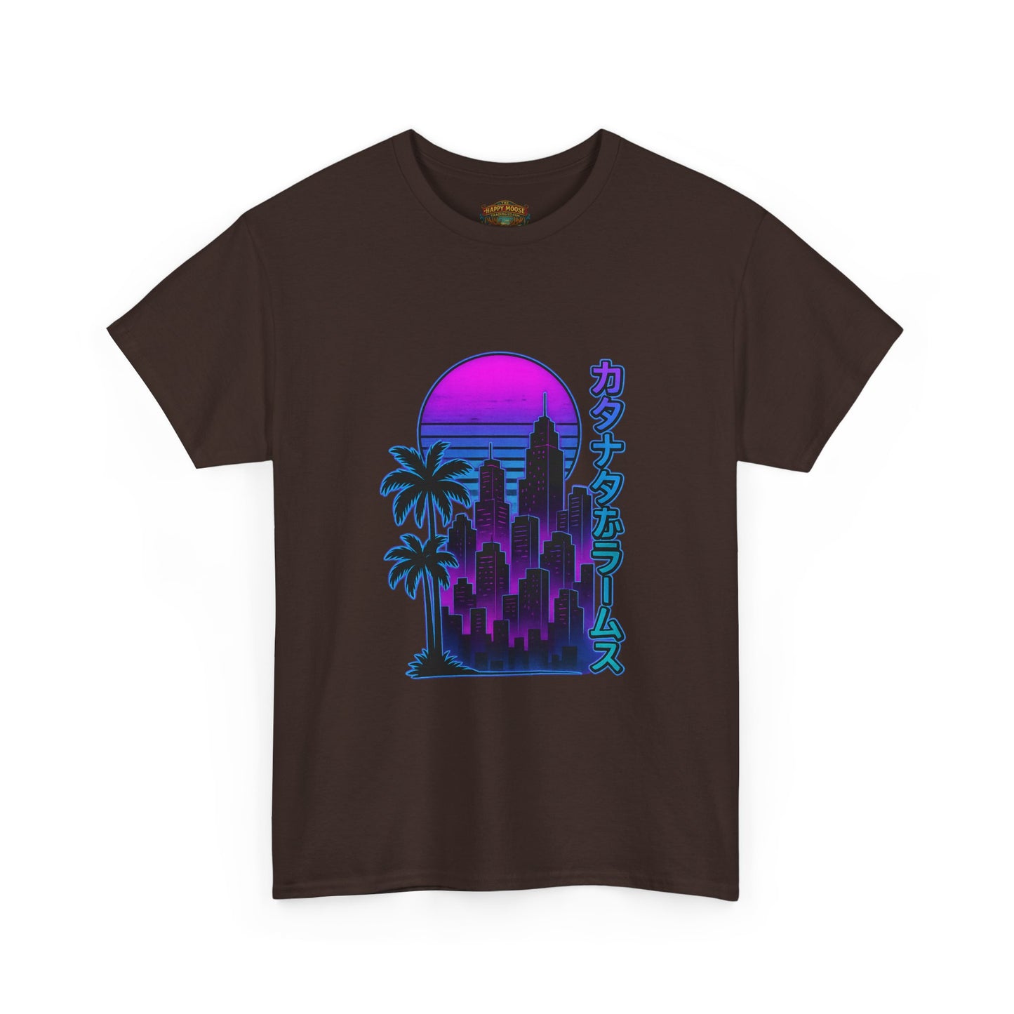 Retro Vaporwave Tee — Neon Sunset City with Palm Trees & Japanese Text