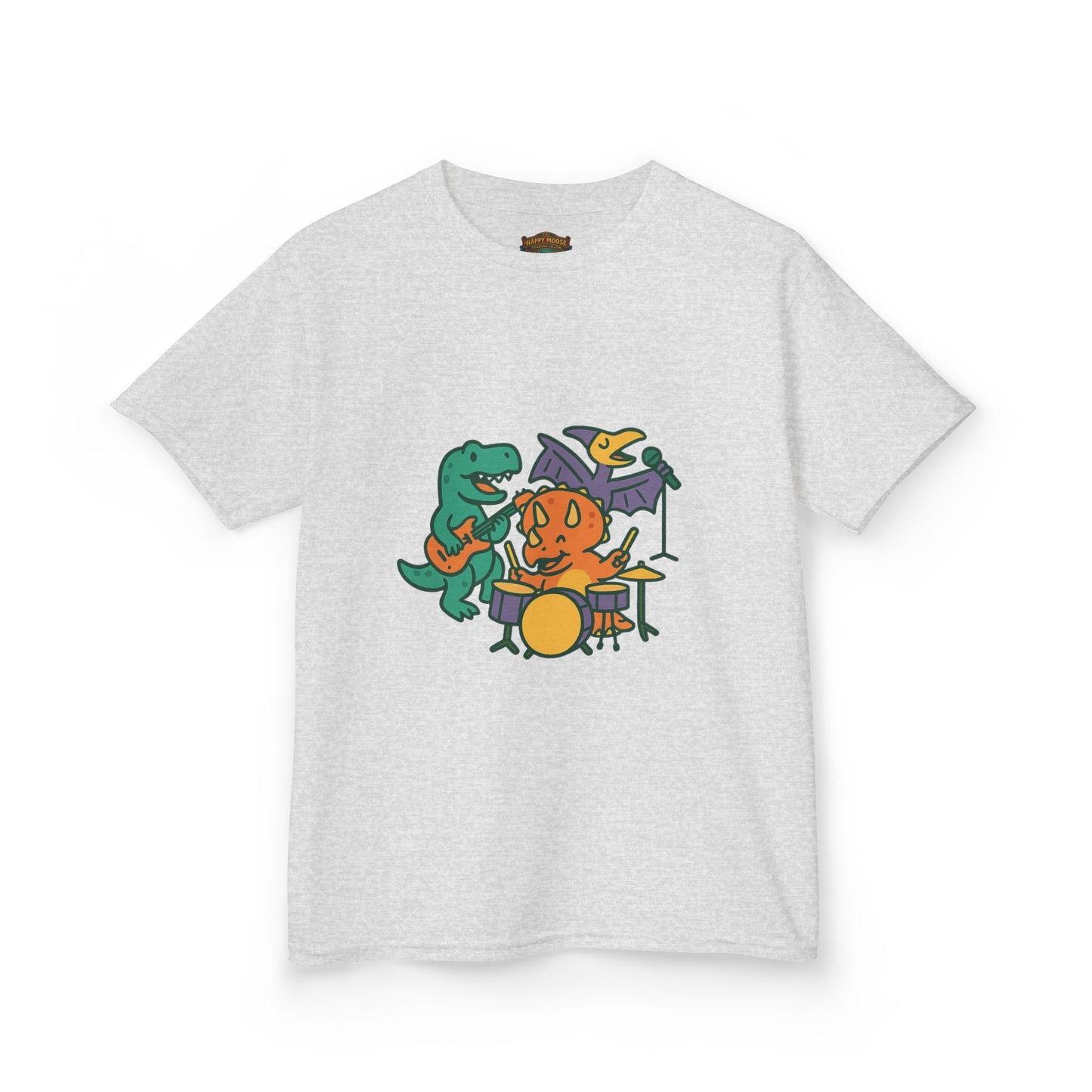 Kids Dino Band T‑Shirt — Cute Cartoon Dinosaur Drummer Tee for Boys & Girls