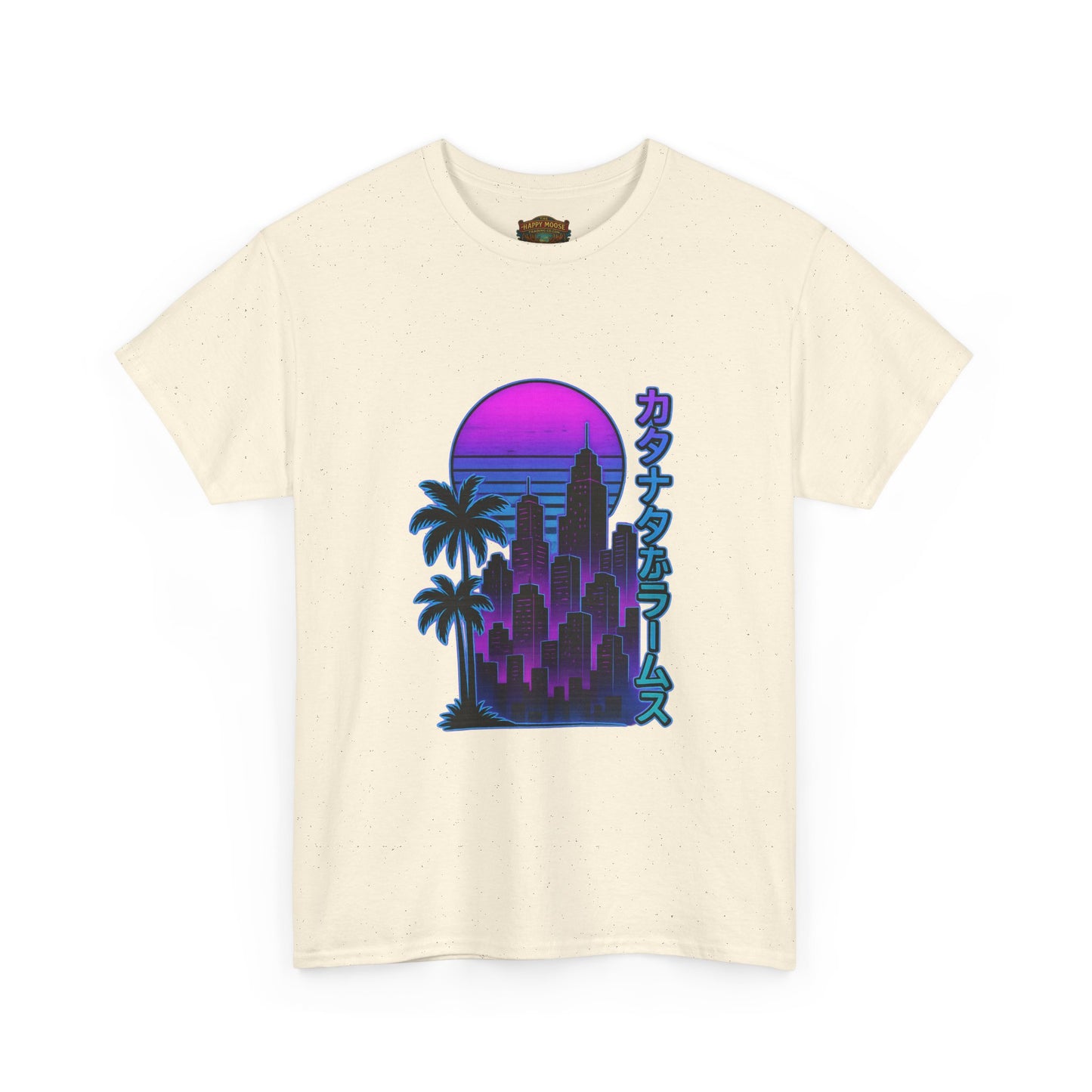 Retro Vaporwave Tee — Neon Sunset City with Palm Trees & Japanese Text