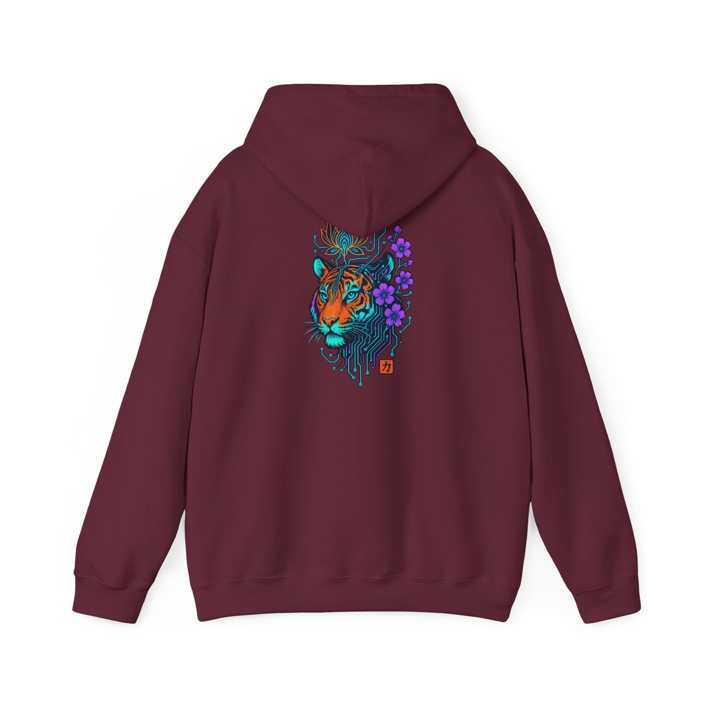 Tiger Floral Hoodie — Vibrant Tiger Head with Purple Blooms Graphic
