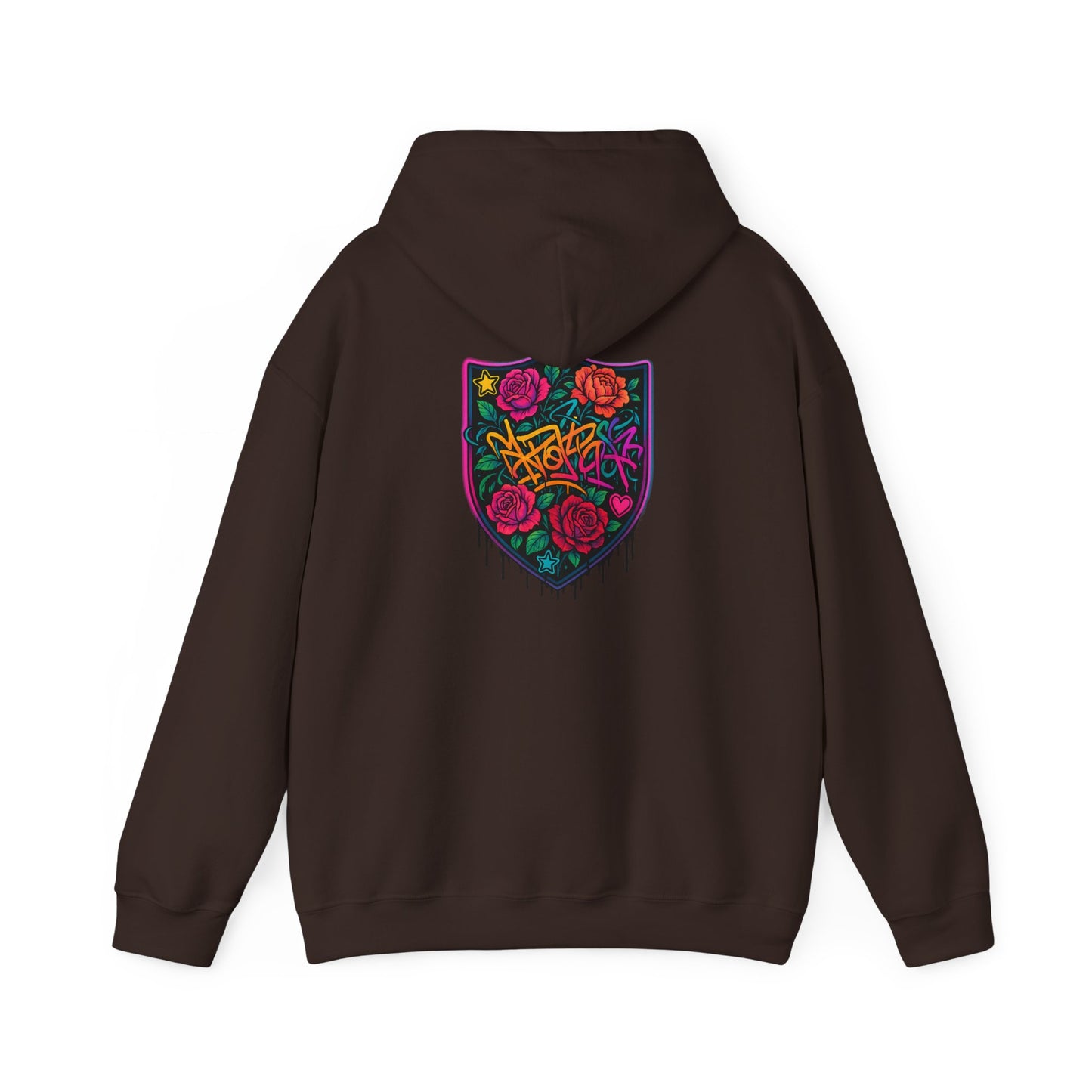 Graffiti Rose Shield Hoodie – Urban Floral Streetwear Sweatshirt