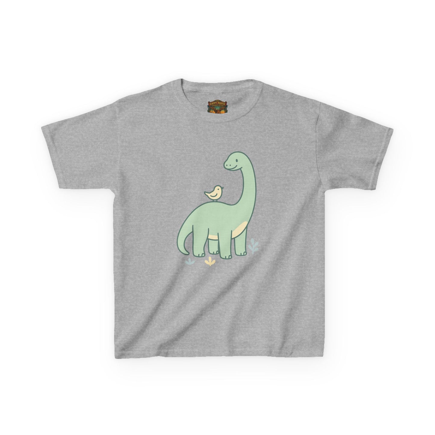 Kids Dino & Bird Tee — Cute Green Brontosaurus Graphic T‑Shirt