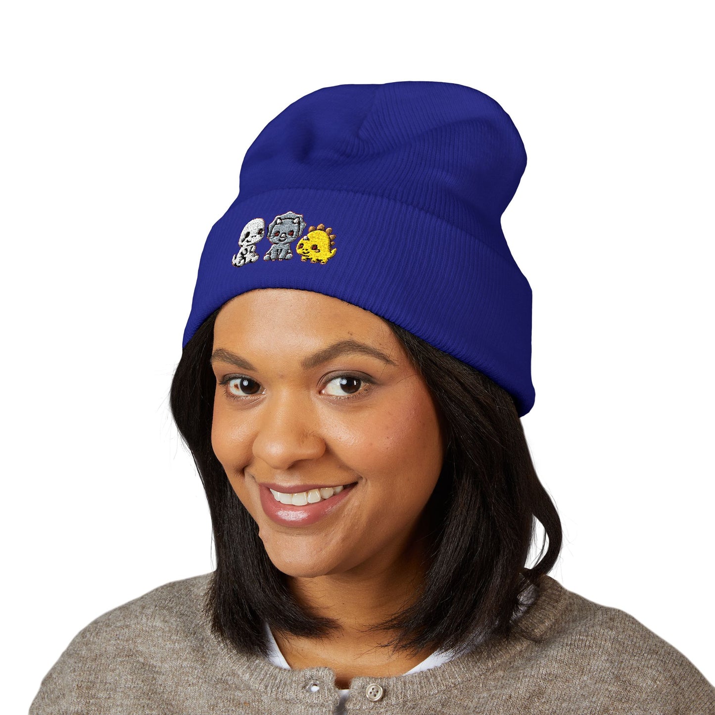 Embroidered Cute Character Cuffed Beanie — Trio Skull, Robot & Chick Winter Hat