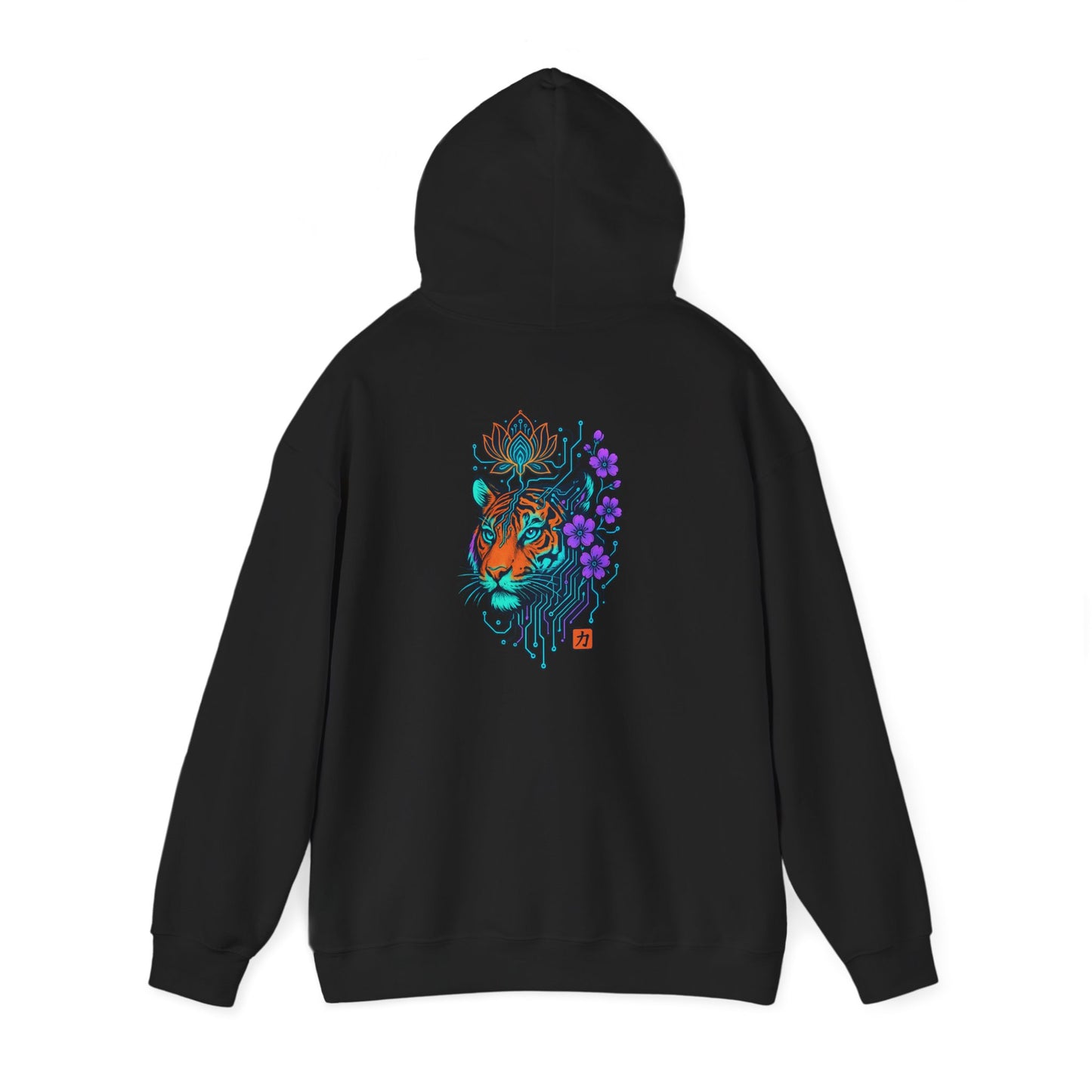 Tiger Floral Hoodie — Vibrant Tiger Head with Purple Blooms Graphic