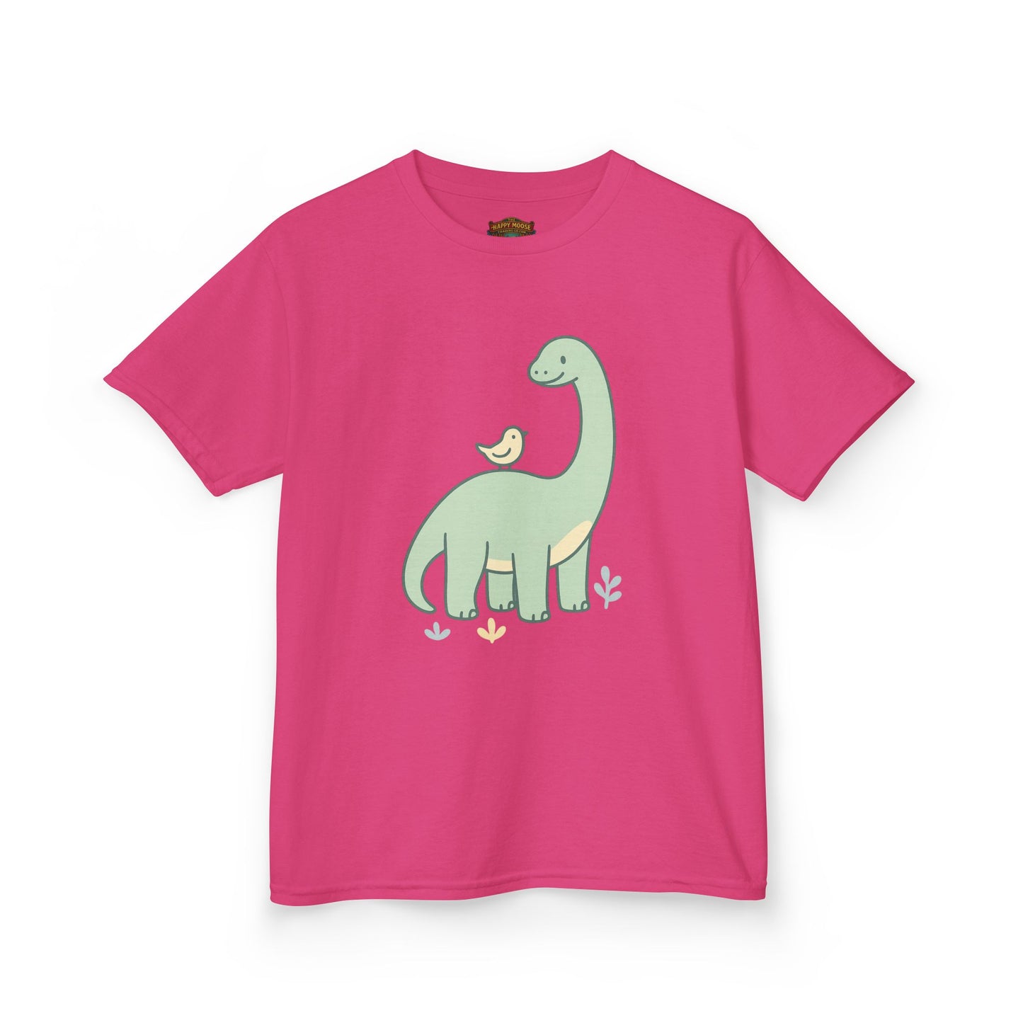 Kids Dino & Bird Tee — Cute Green Brontosaurus Graphic T‑Shirt
