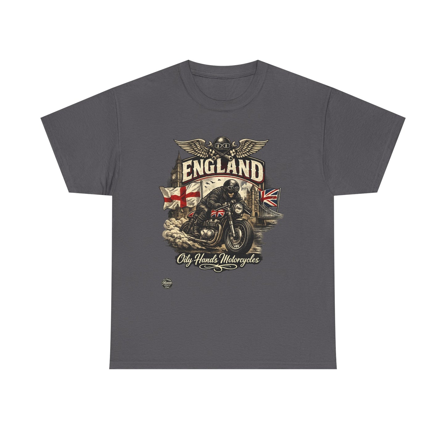 Oily Hands England Motorcycle Tee — Old Hands Biker Vintage Flag Graphic T-Shirt #009 E
