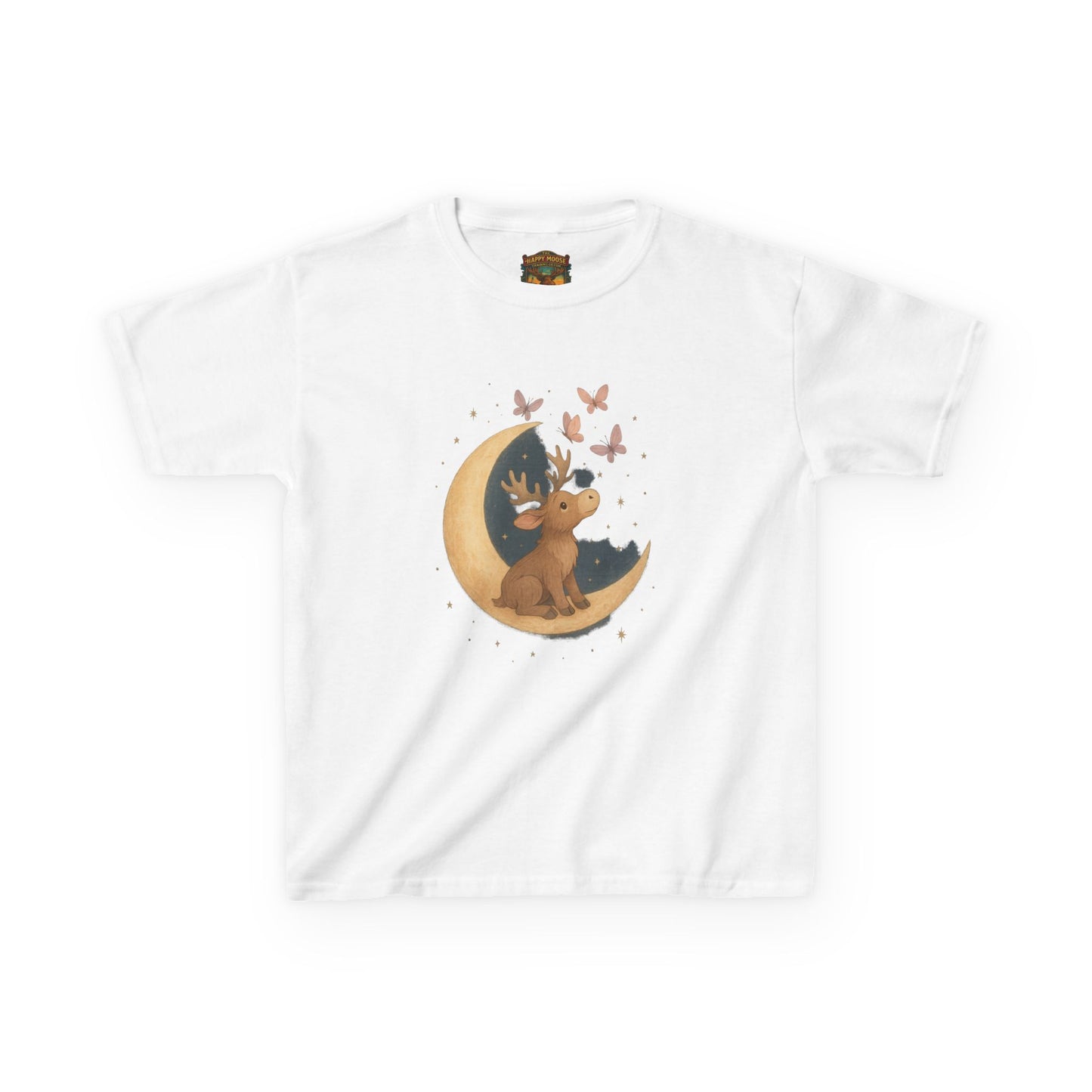 Kids Tee — Cute Puppy on Moon with Butterflies Graphic