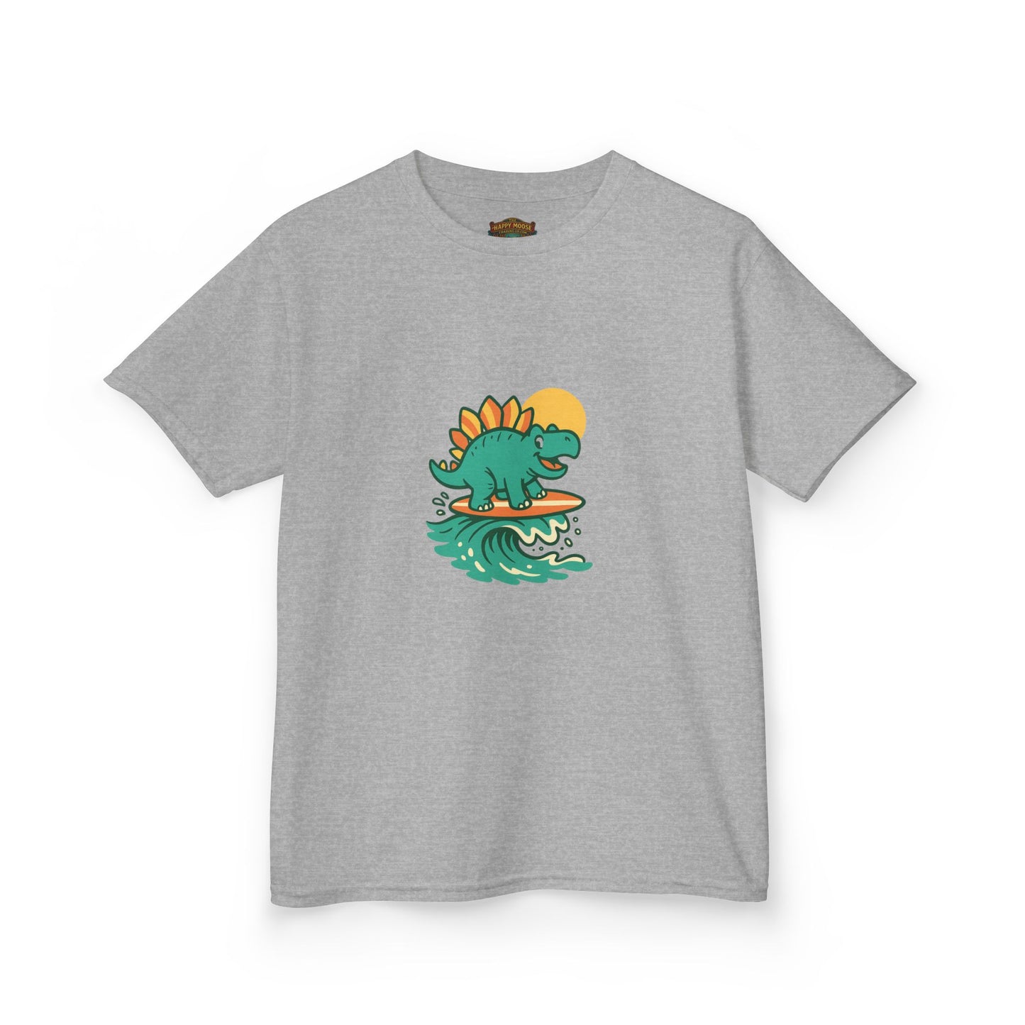 Kids Surfing Dinosaur T-Shirt — Cute Stegosaurus on Wave Graphic Tee