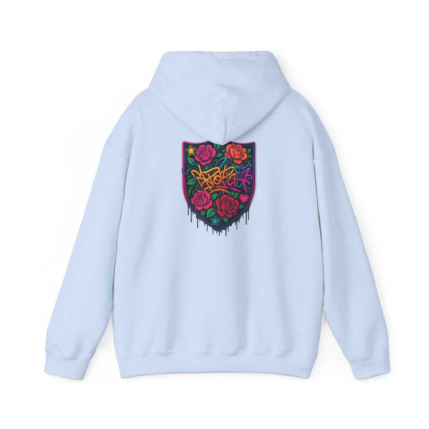 Graffiti Rose Shield Hoodie – Urban Floral Streetwear Sweatshirt
