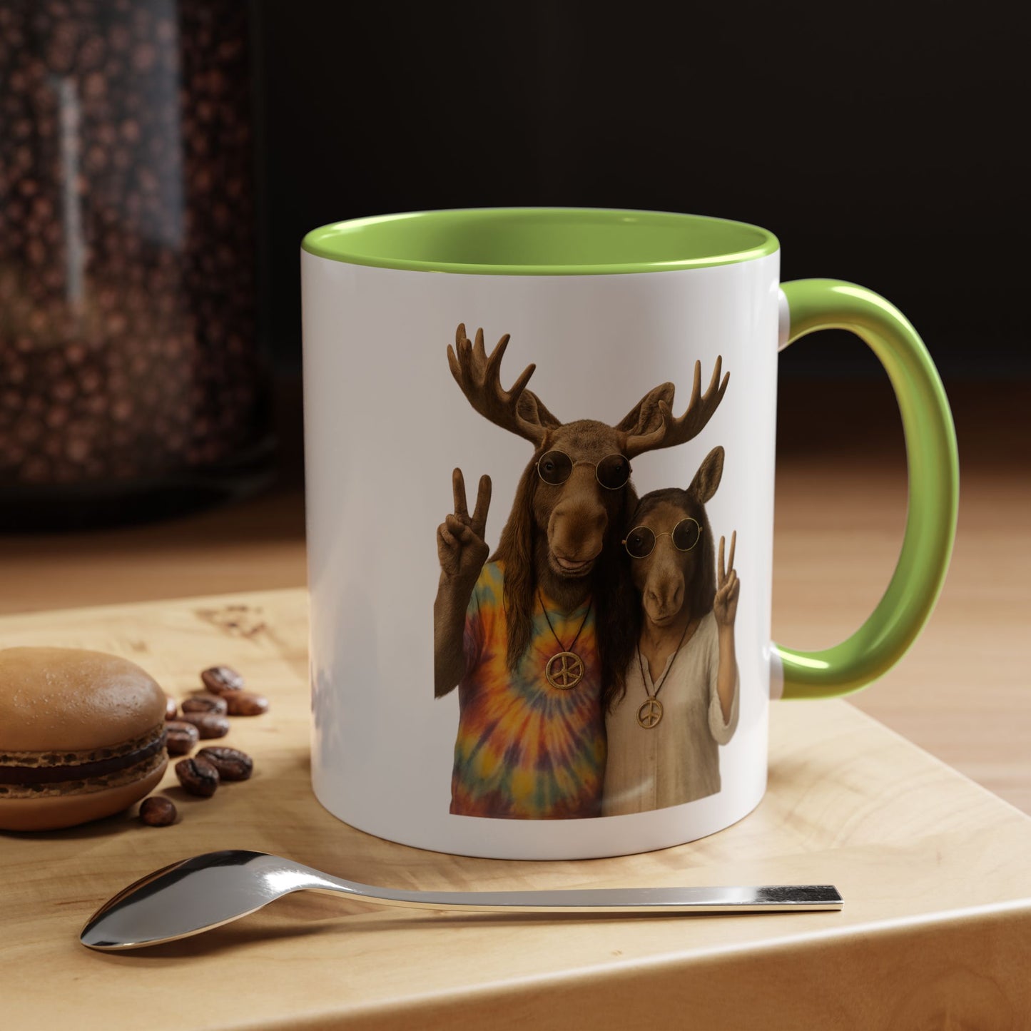 Peaceful Moose Couple Accent Coffee Mug — Hippie Tie-Dye Moose Peace Sign 11/15oz