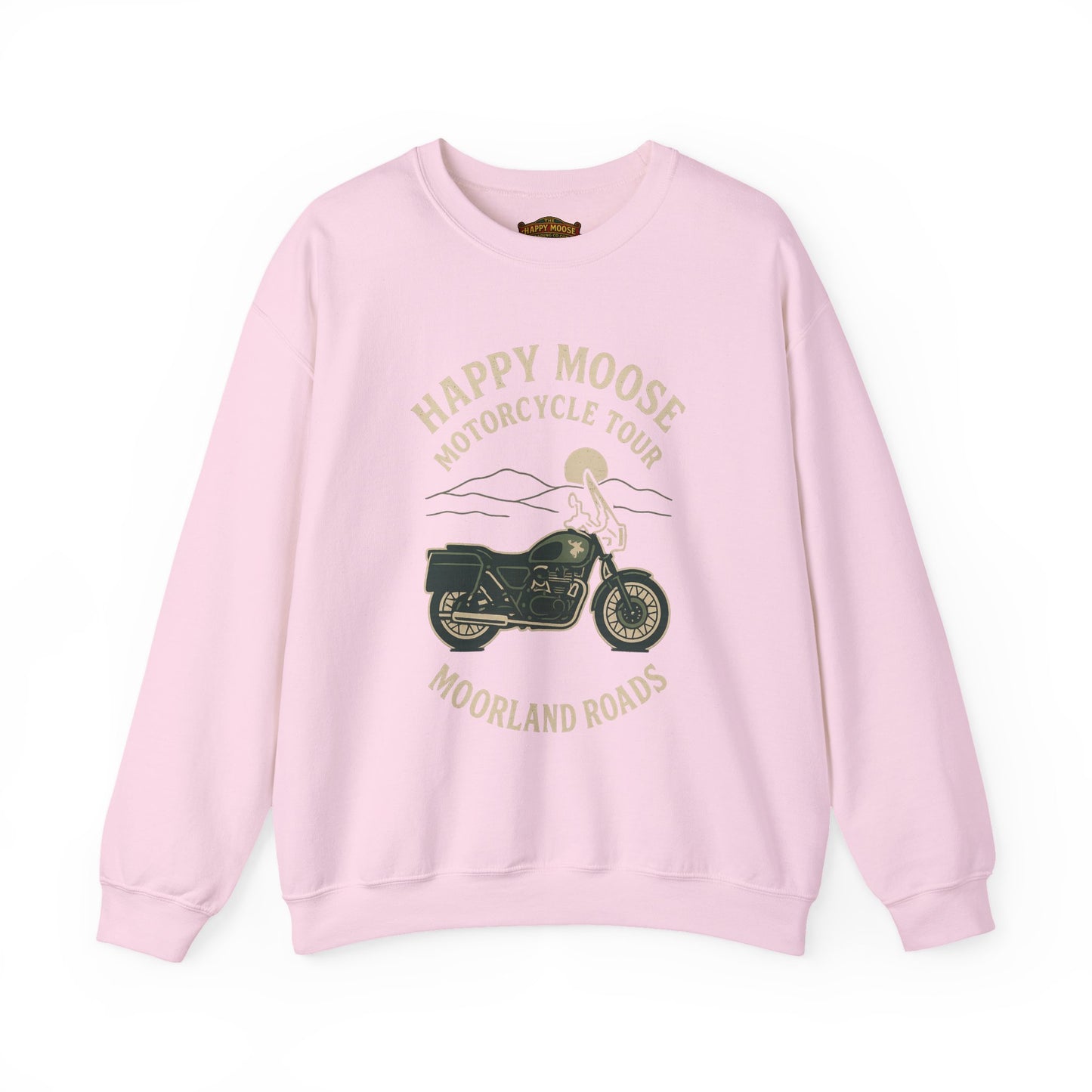 Motorcycle Crewneck Sweatshirt — "Happy Moose Motorcycle Tour" Vintage Bike Graphic