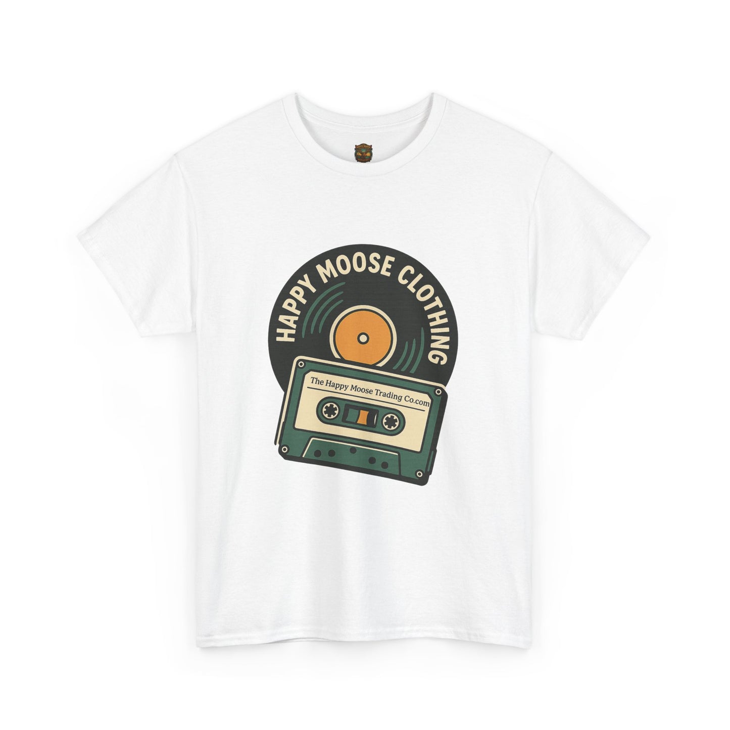 Cassette & Vinyl Retro Tee — “Happy Moose Clothing” Vintage Music Graphic T-Shirt