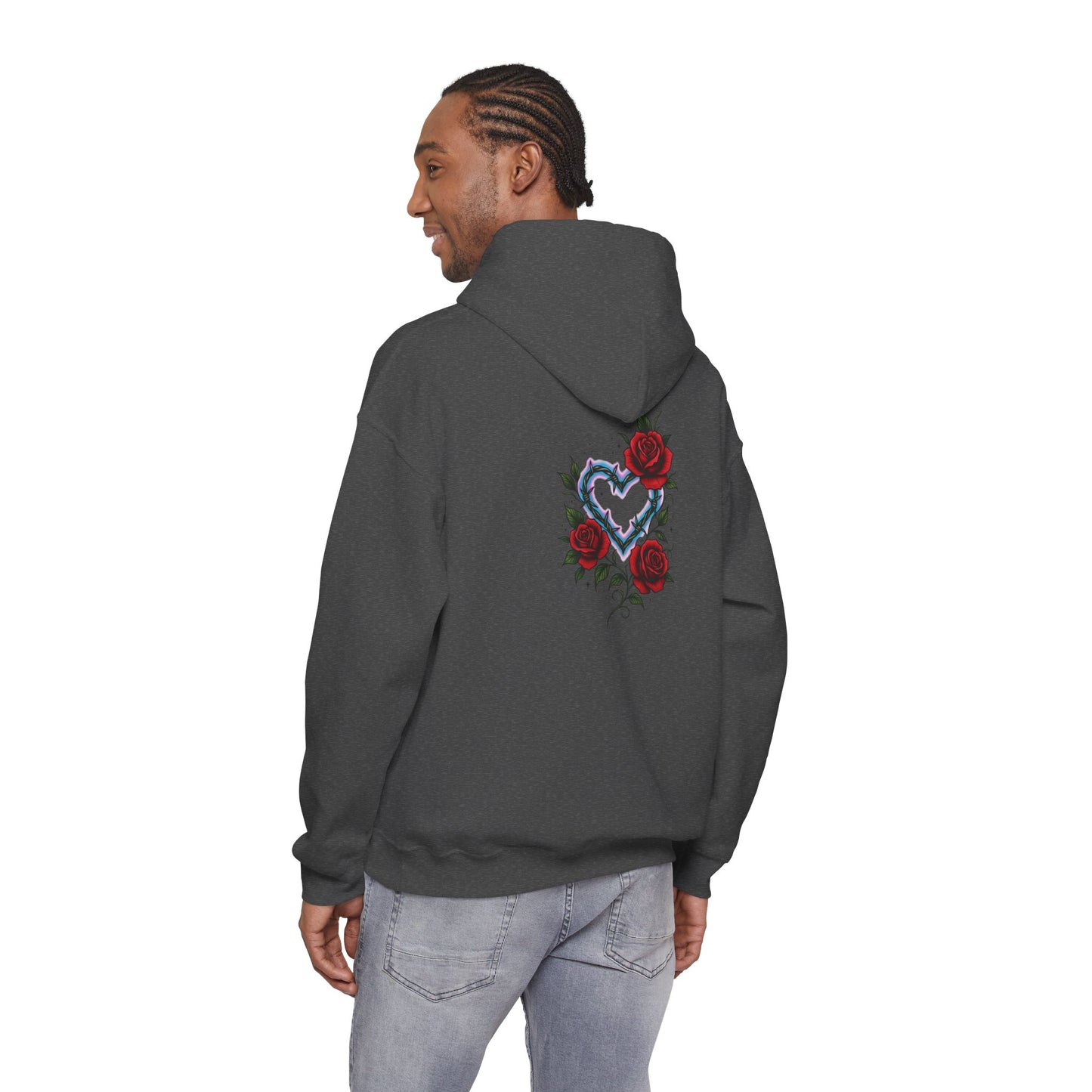 Hoodie — Smoky Heart with Red Roses Back Graphic