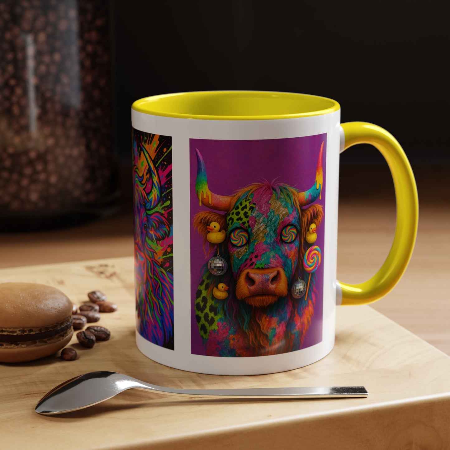 Psychedelic Highland Cow Accent Coffee Mug — Colorful Neon Farm Animal Art (11/15 oz)