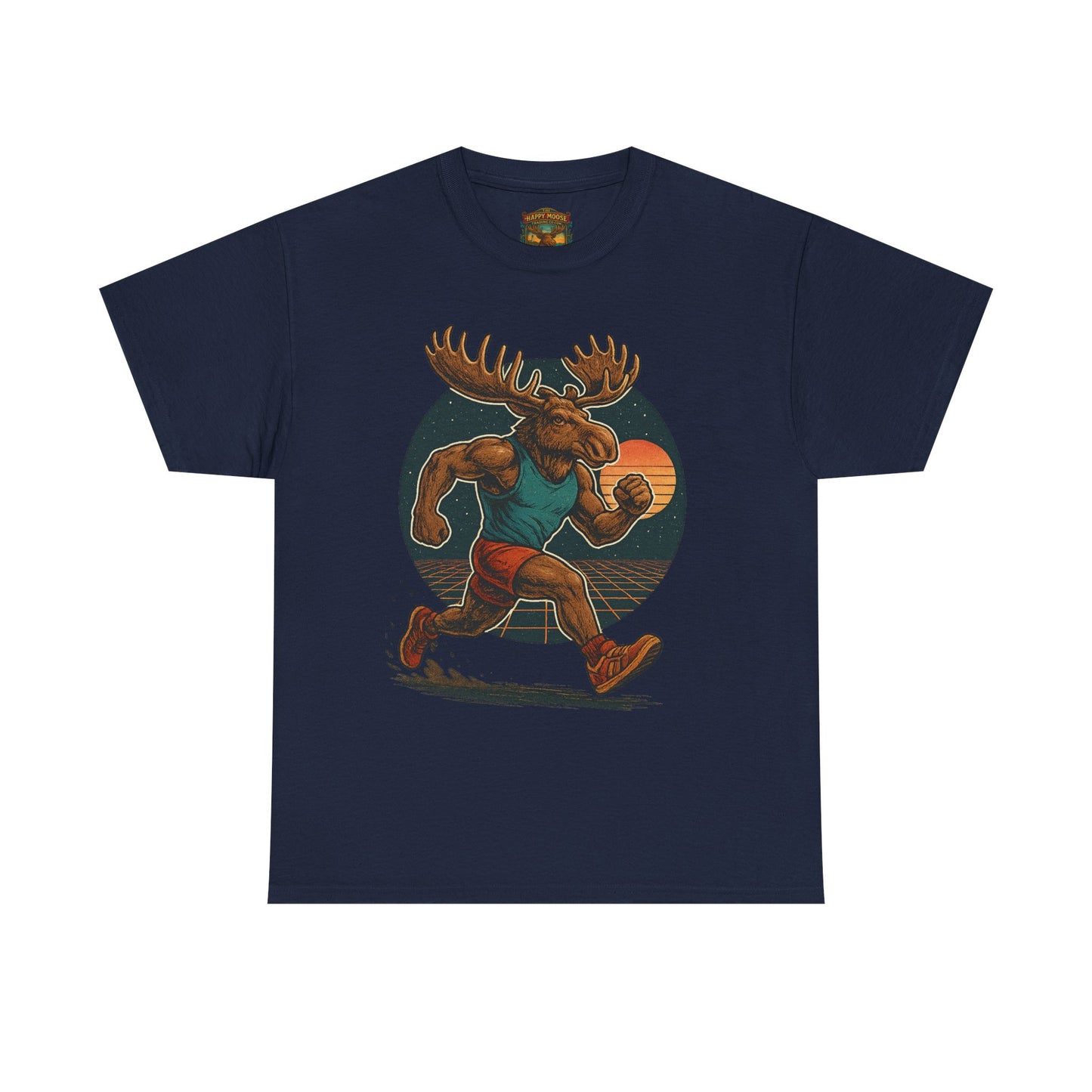 Running Moose Graphic Tee - Retro Sunset Jogging Animal Fitness Shirt