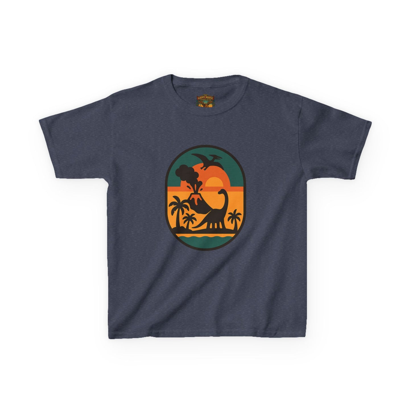 Kids T‑Shirt — Retro Tropical Dinosaur Sunset