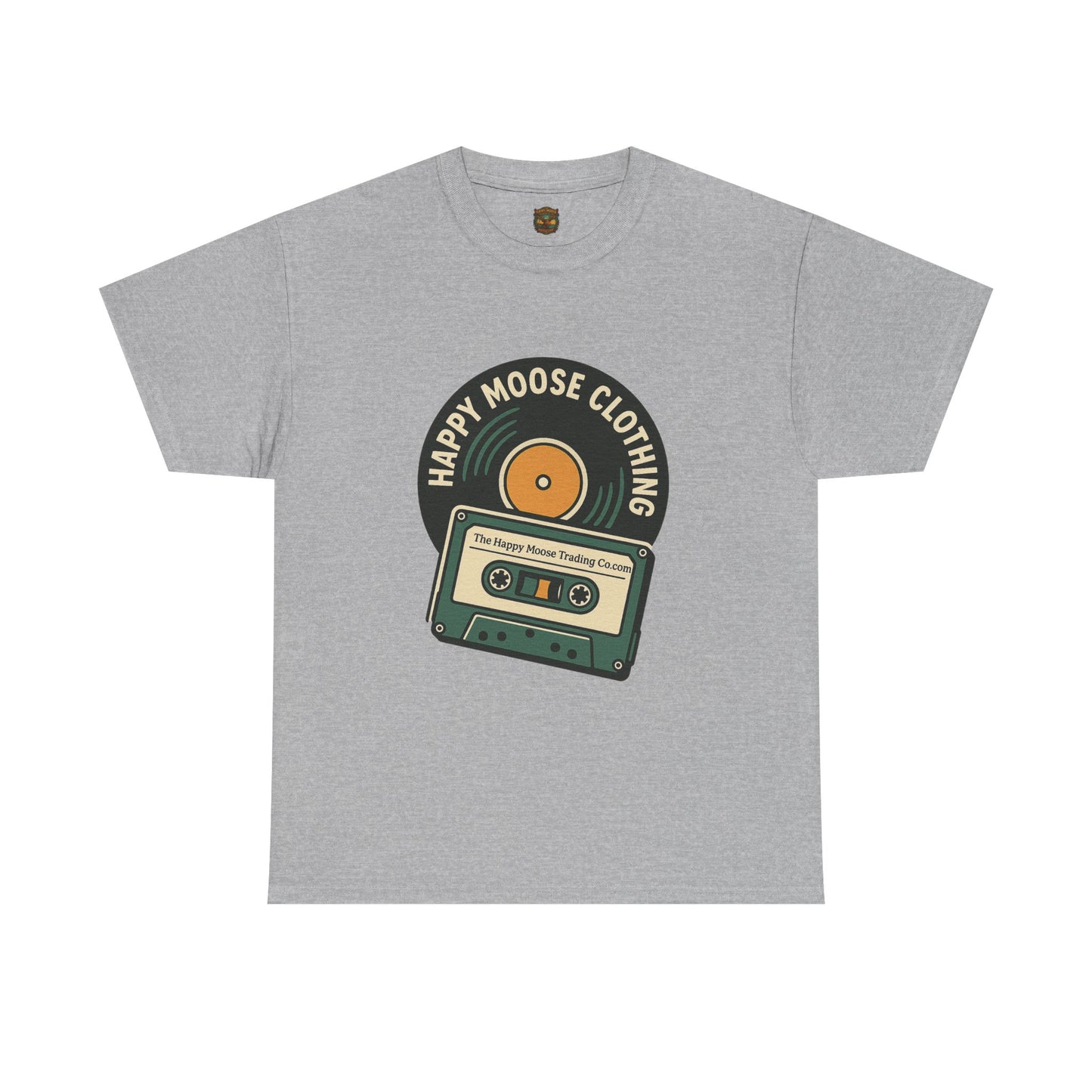 Cassette & Vinyl Retro Tee — “Happy Moose Clothing” Vintage Music Graphic T-Shirt