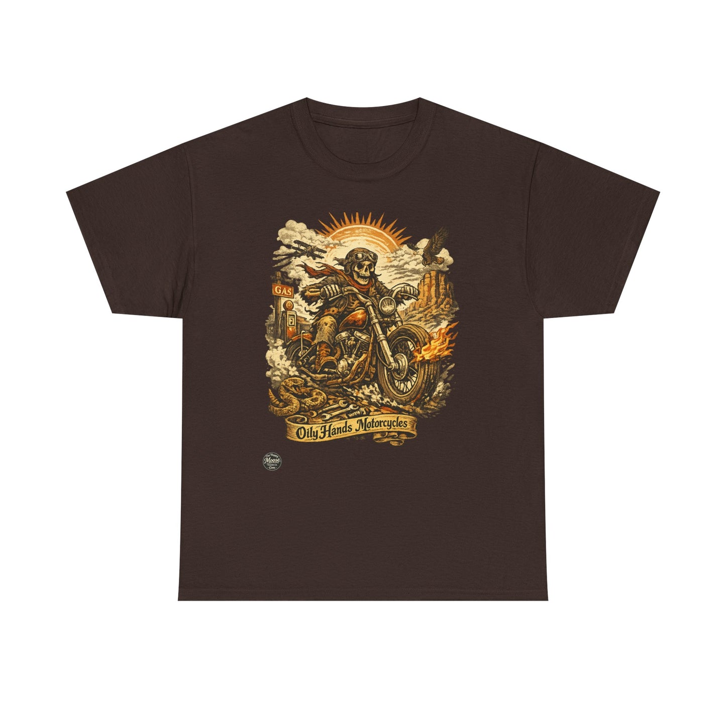 Oily Hands Motorcycle Skull Tee — Old Friends Vintage Biker T-Shirt #015 E