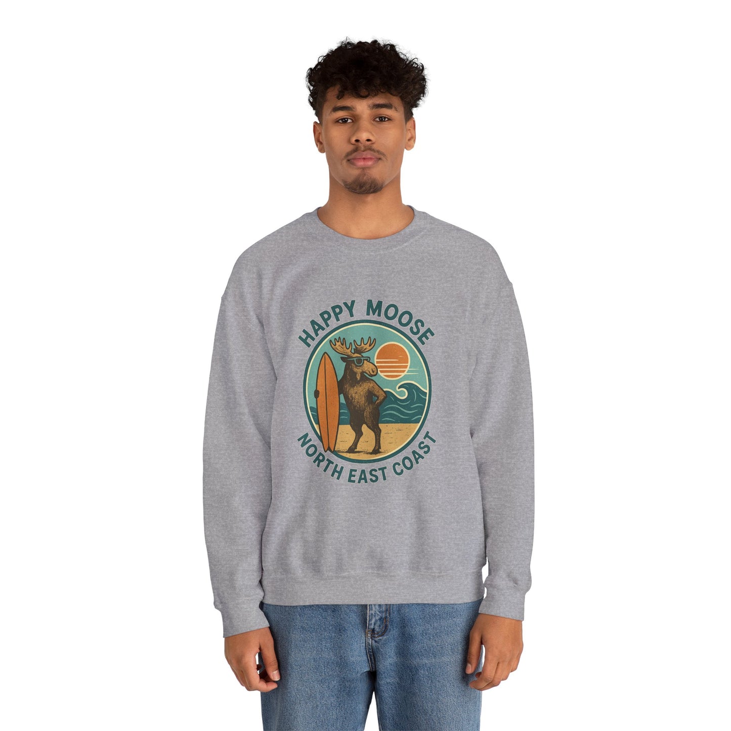 Happy Moose North East Coast Crewneck Sweatshirt — Vintage Surf Moose Graphic