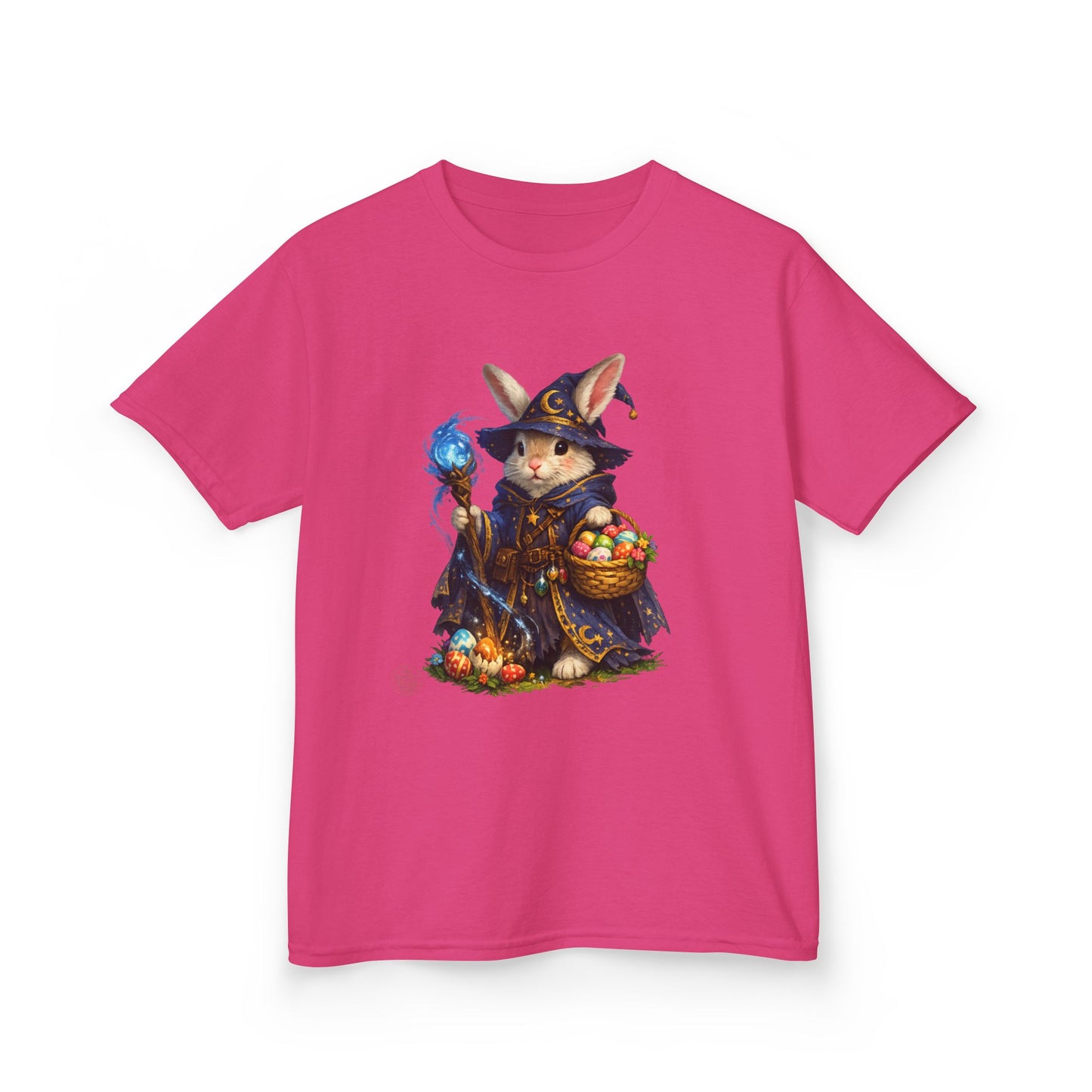 Kids Wizard Bunny T-Shirt — Cute Magic Rabbit with Staff & Basket of Treats