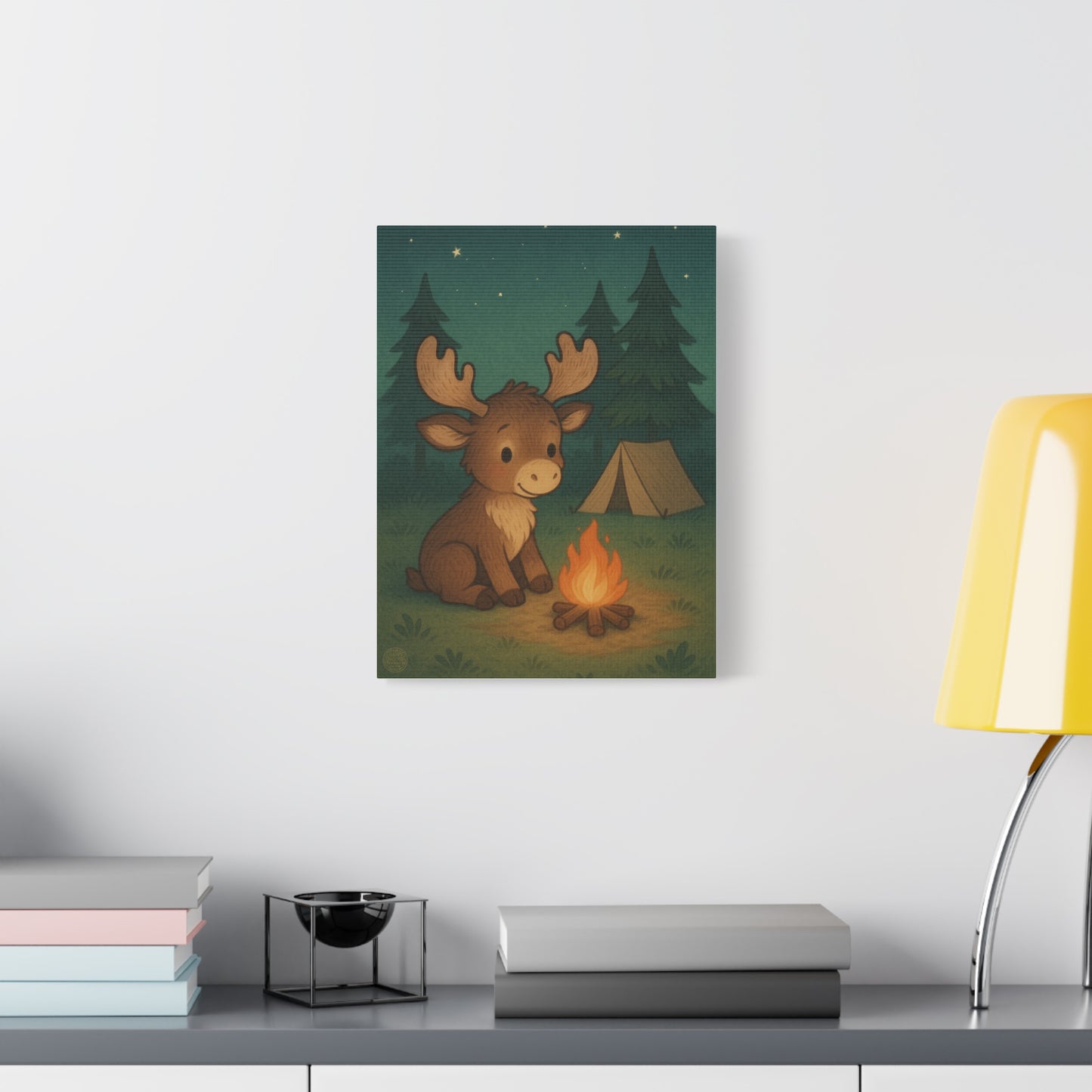 Cute Camping Moose Canvas Print — Kids Woodland Nursery Wall Art