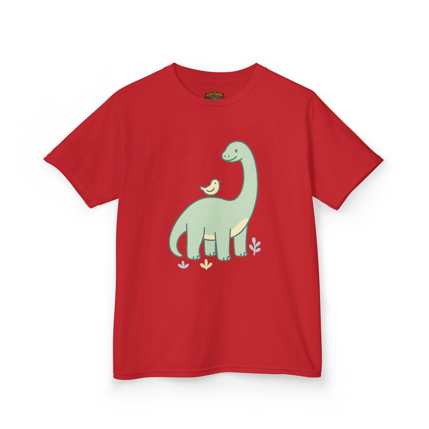 Kids Dino & Bird Tee — Cute Green Brontosaurus Graphic T‑Shirt