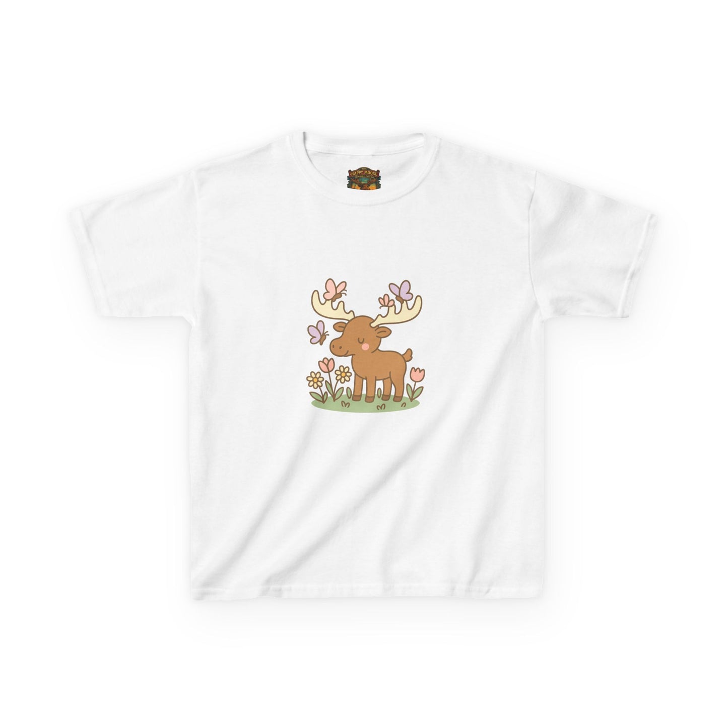 Kids T-Shirt — Cute Woodland Moose with Butterflies Kids Tee