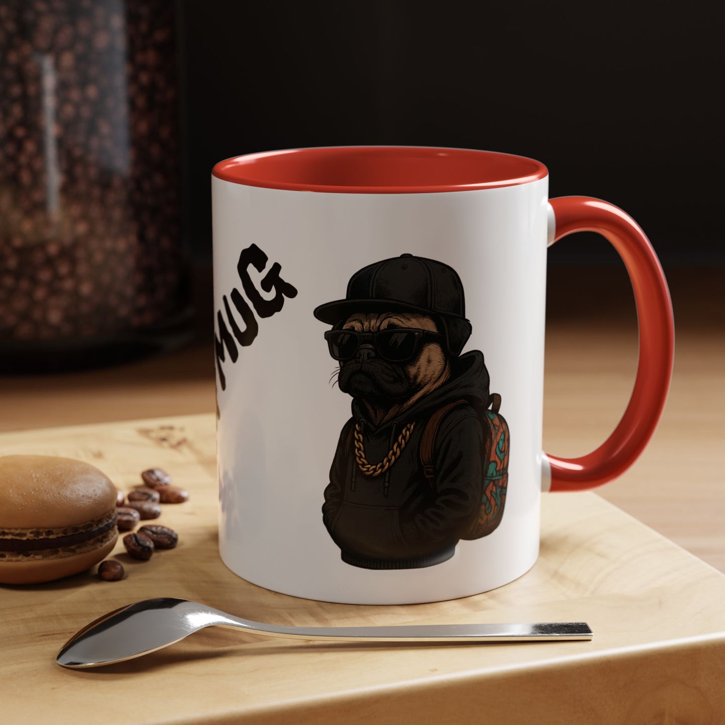 Pug Mug — Red Accent Coffee Mug with Hipster Pug Illustration (11/15oz)