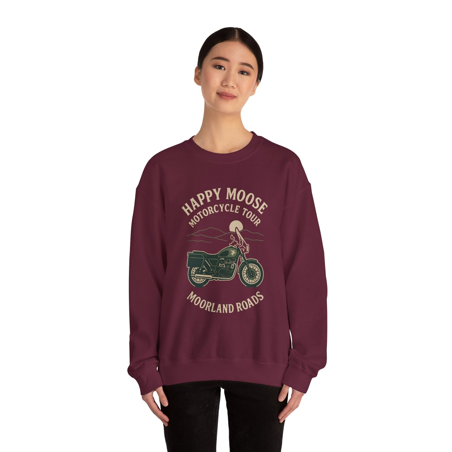 Motorcycle Crewneck Sweatshirt — "Happy Moose Motorcycle Tour" Vintage Bike Graphic