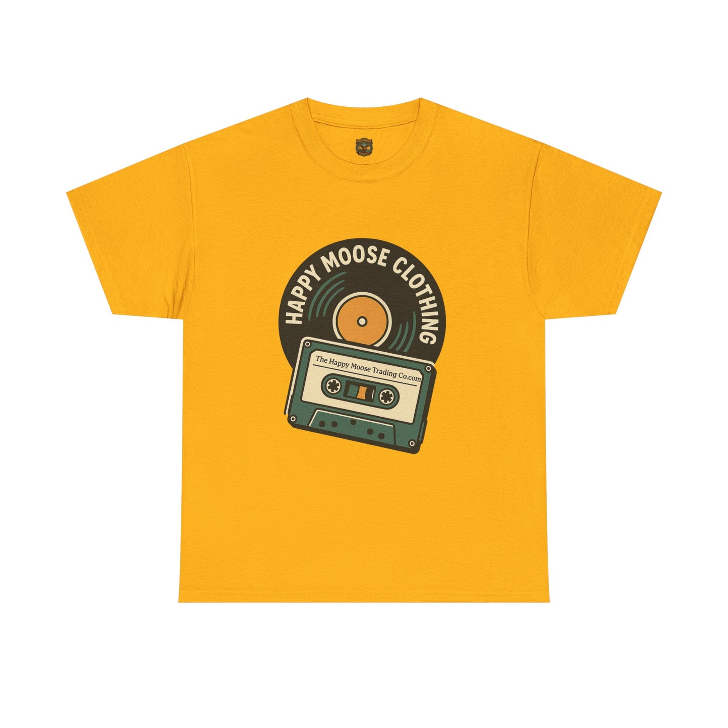 Cassette & Vinyl Retro Tee — “Happy Moose Clothing” Vintage Music Graphic T-Shirt