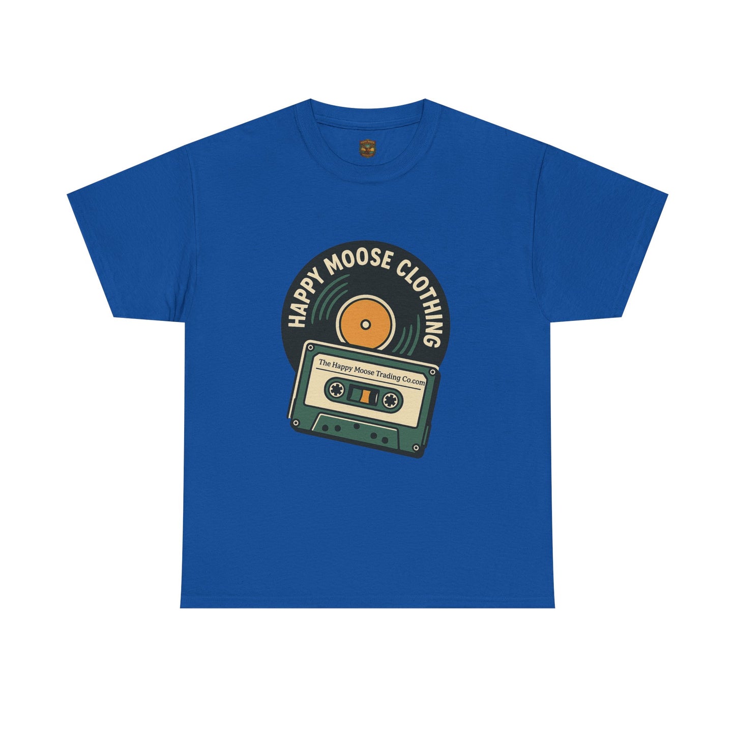 Cassette & Vinyl Retro Tee — “Happy Moose Clothing” Vintage Music Graphic T-Shirt