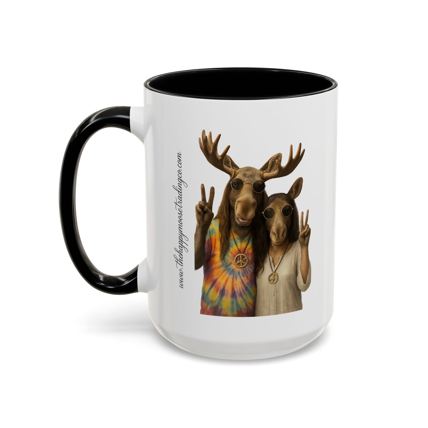 Peaceful Moose Couple Accent Coffee Mug — Hippie Tie-Dye Moose Peace Sign 11/15oz