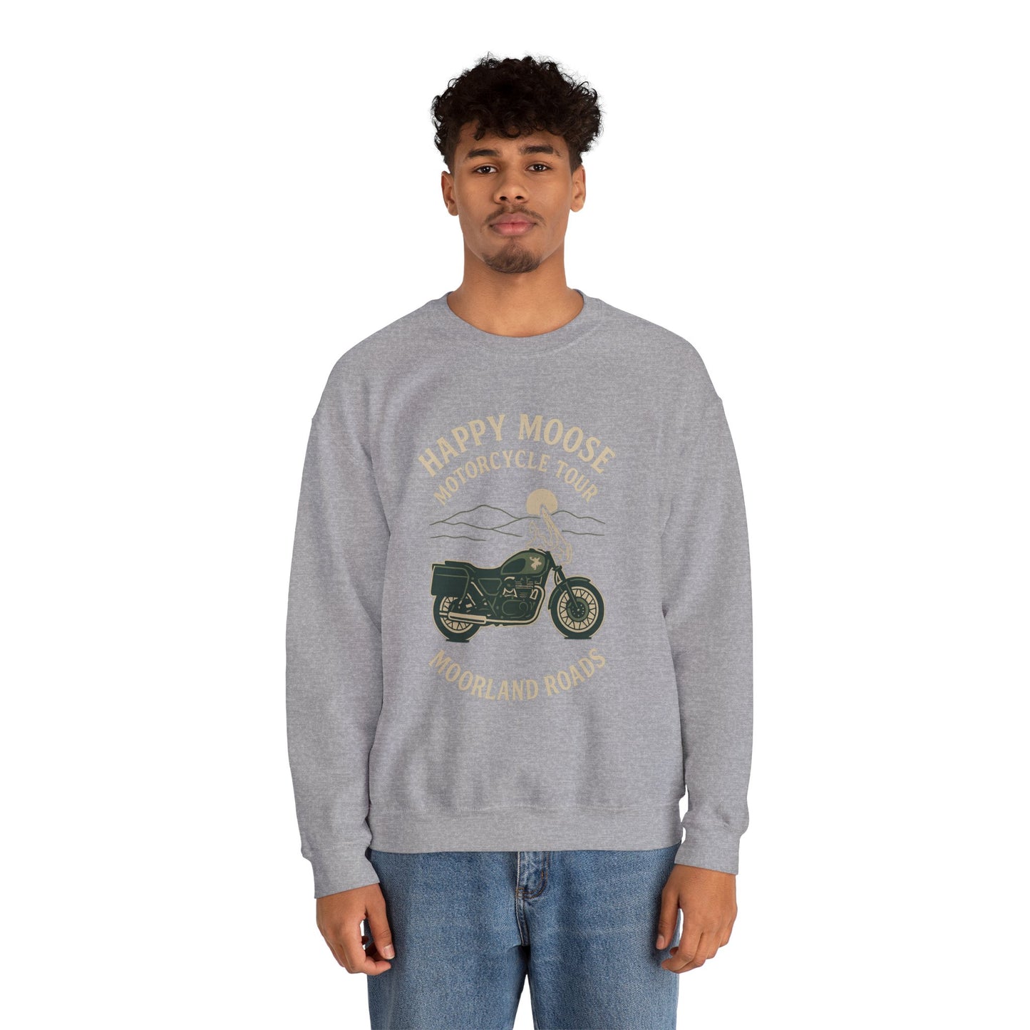 Motorcycle Crewneck Sweatshirt — "Happy Moose Motorcycle Tour" Vintage Bike Graphic