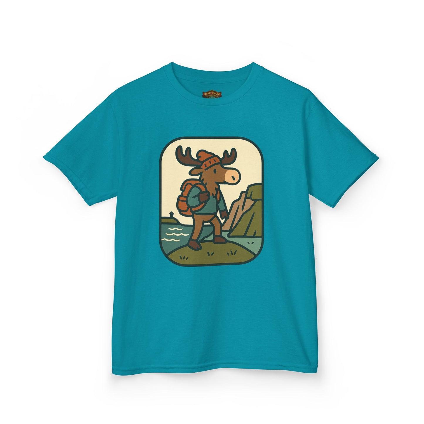 Kids Hiking Moose T‑Shirt — Cute Adventure Backpacker Tee for Boys & Girls