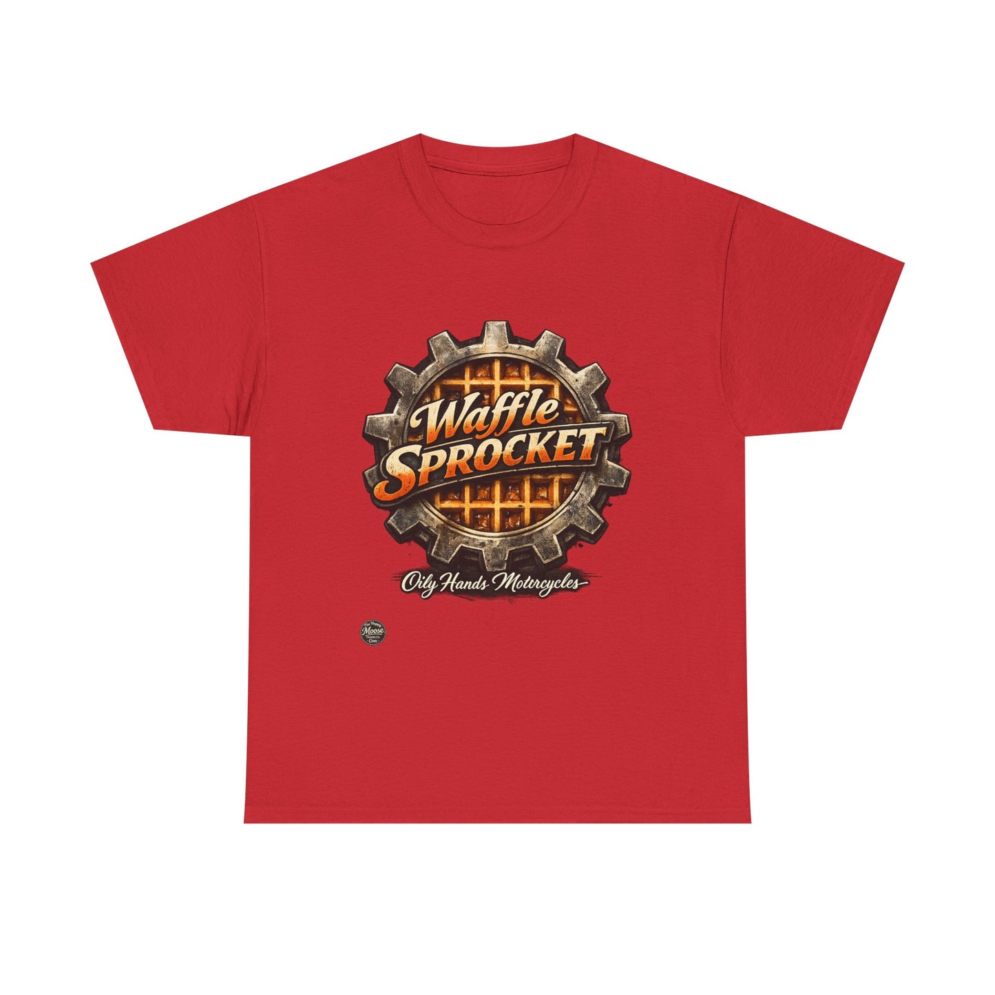 Oily Hands Waffle Sprocket Vintage Logo T-Shirt — Retro Mechanical Breakfast Tee #004 E