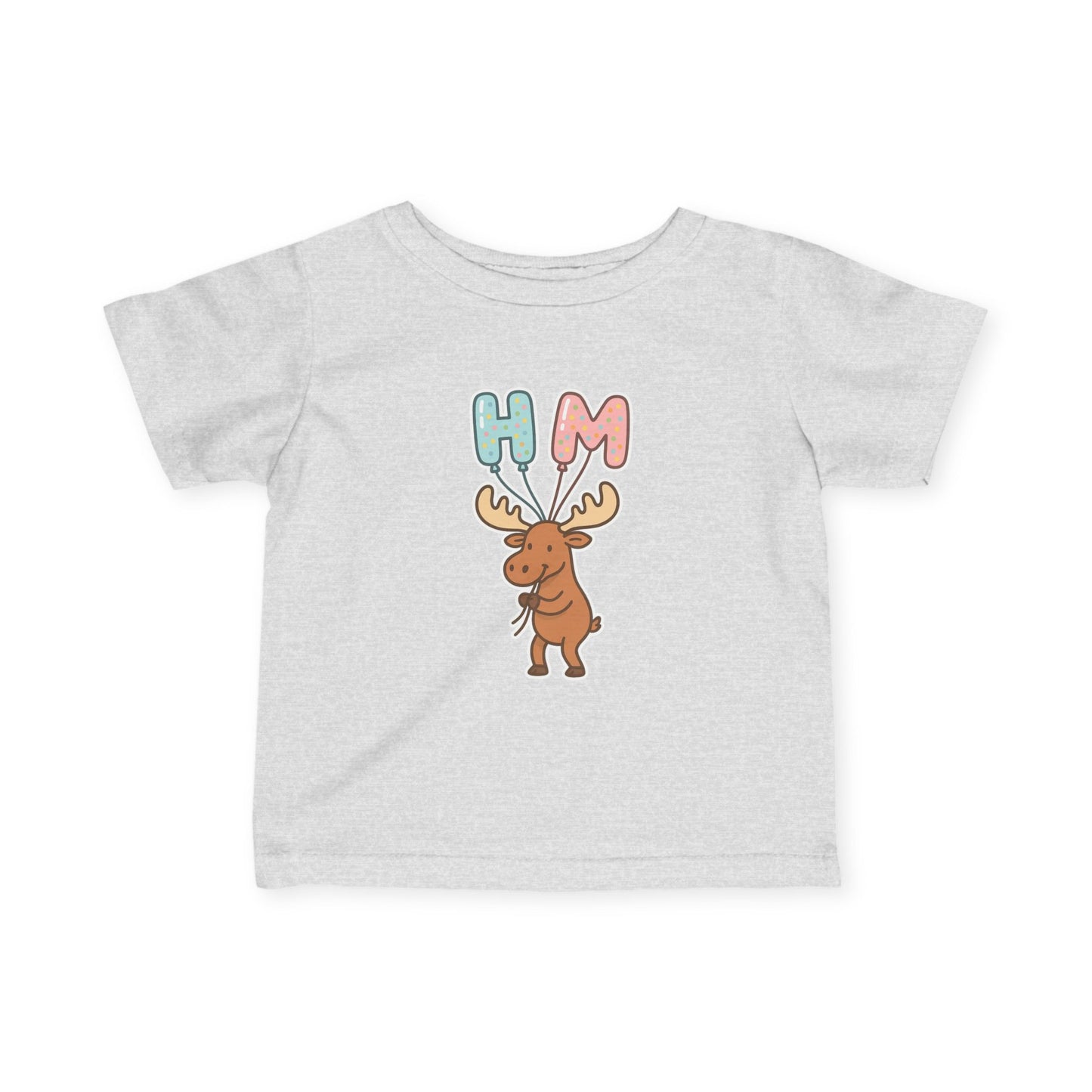 Baby Tee — Cute Moose Holding 'HM' Heart Balloons | Infant Graphic Shirt