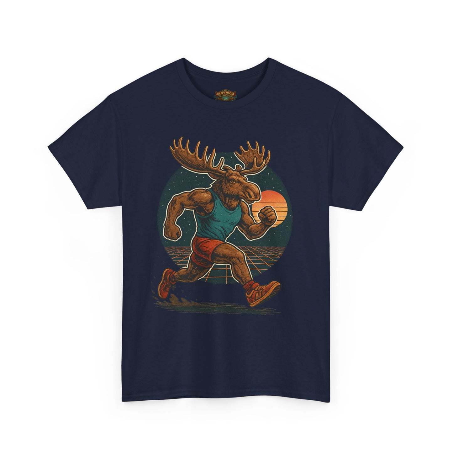 Running Moose Graphic Tee - Retro Sunset Jogging Animal Fitness Shirt