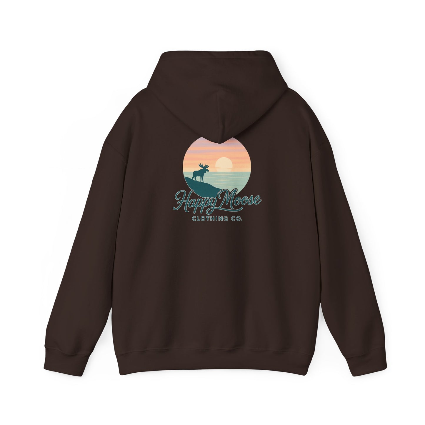 Happy Moose Hoodie — Sunset Lake Graphic Hooded Sweatshirt