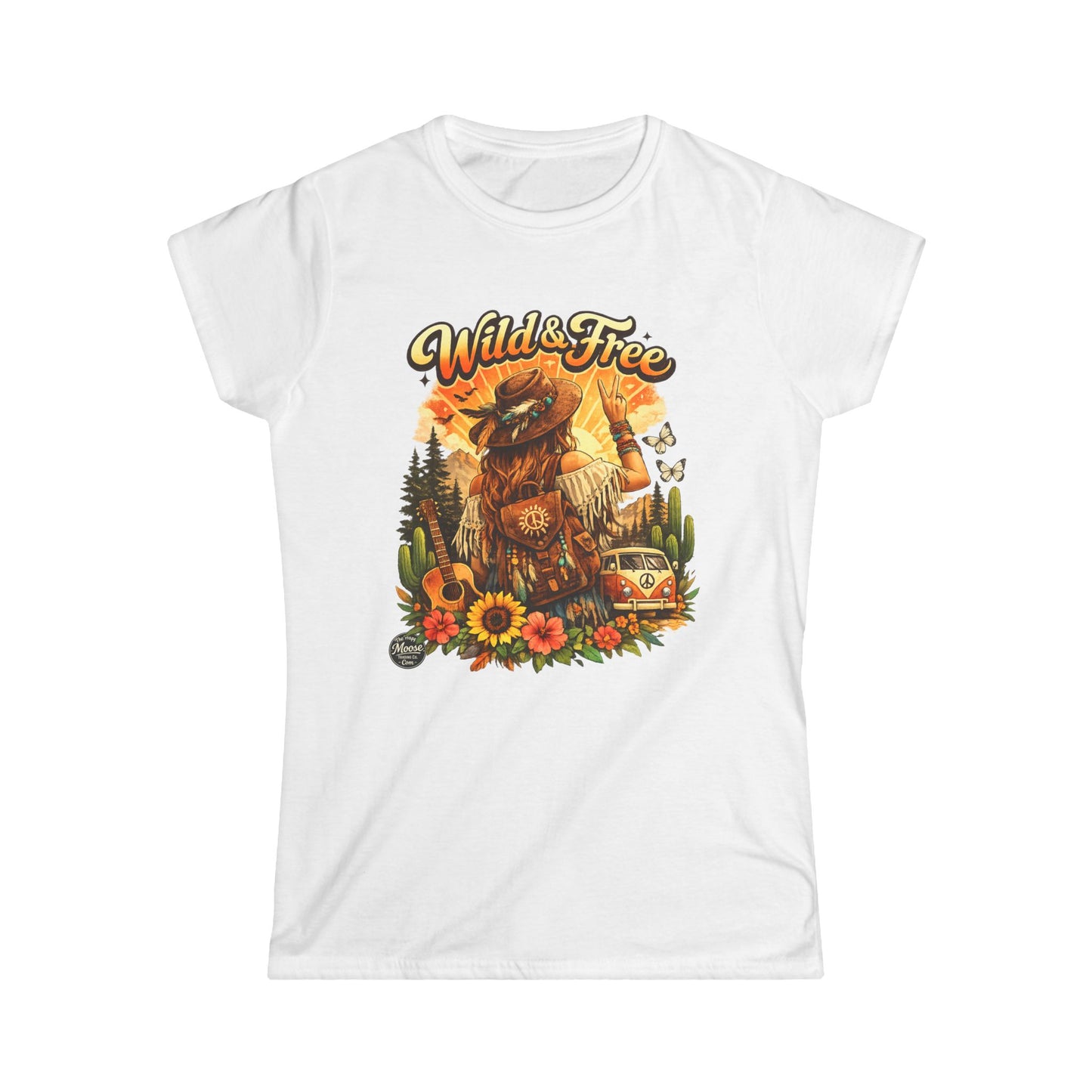 Wild & Free Women's Tee — Boho Vintage Camper T-Shirt with Sunflower & Fox Design