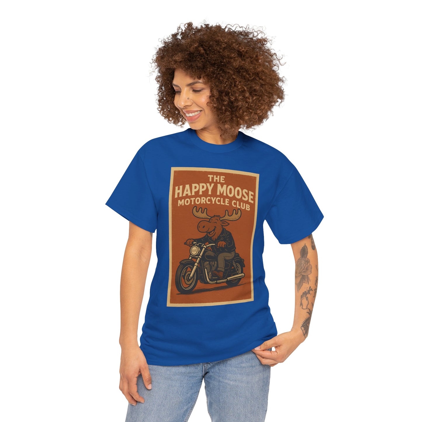 "Ride with style in the Happy Moose Motorcycle Club T-Shirt. Premium comfort, bold biker design—perfect for riders & fans alike."