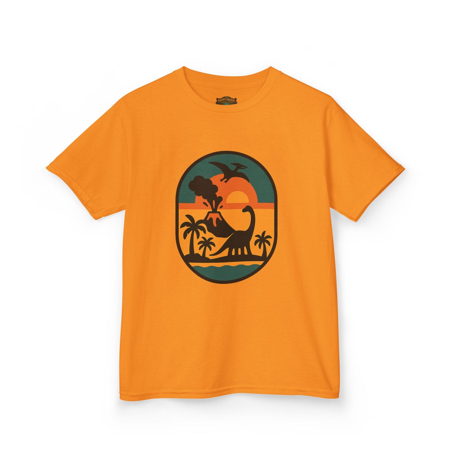 Kids T‑Shirt — Retro Tropical Dinosaur Sunset