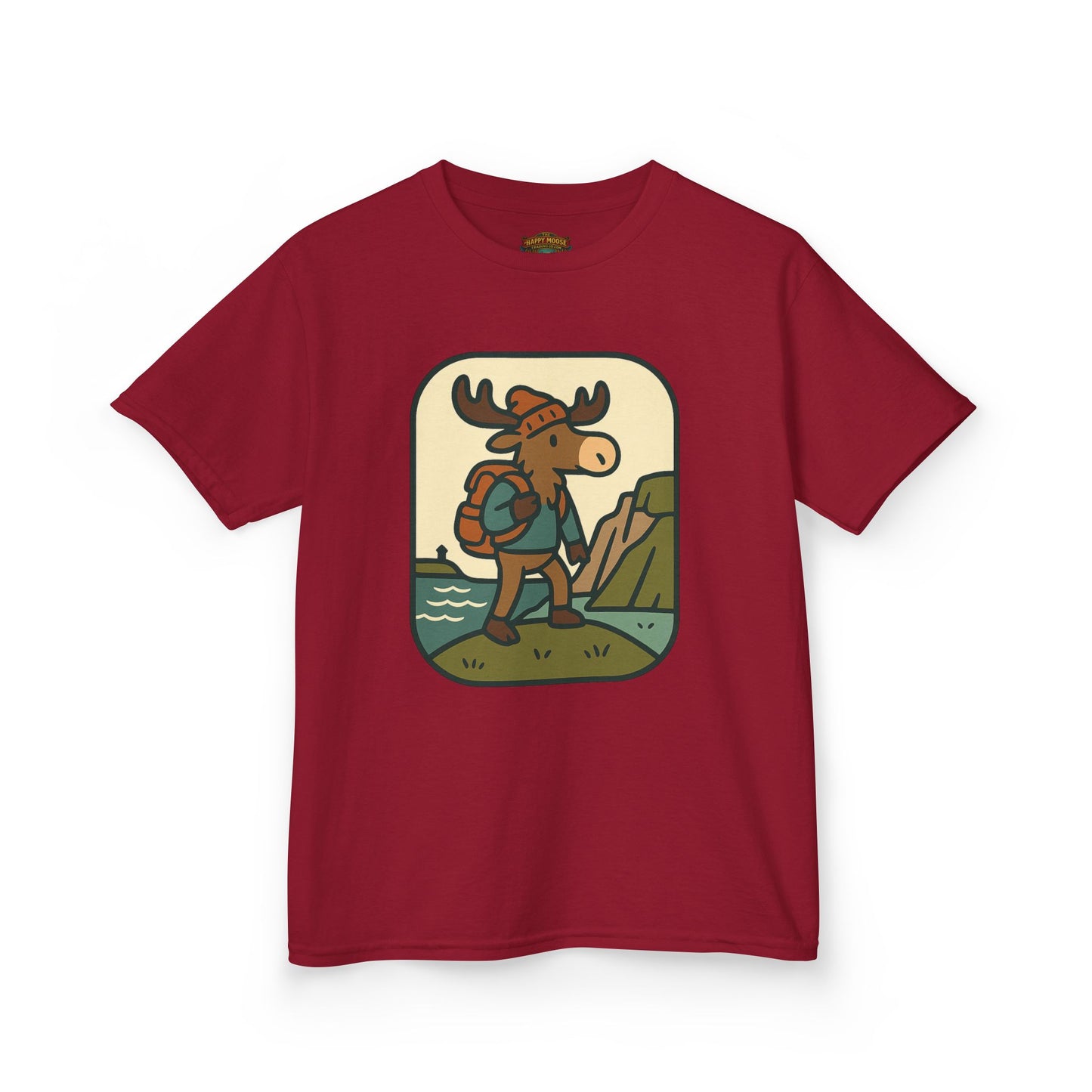 Kids Hiking Moose T‑Shirt — Cute Adventure Backpacker Tee for Boys & Girls