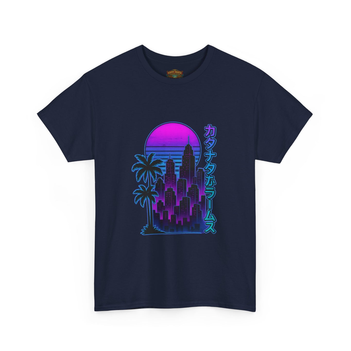 Retro Vaporwave Tee — Neon Sunset City with Palm Trees & Japanese Text