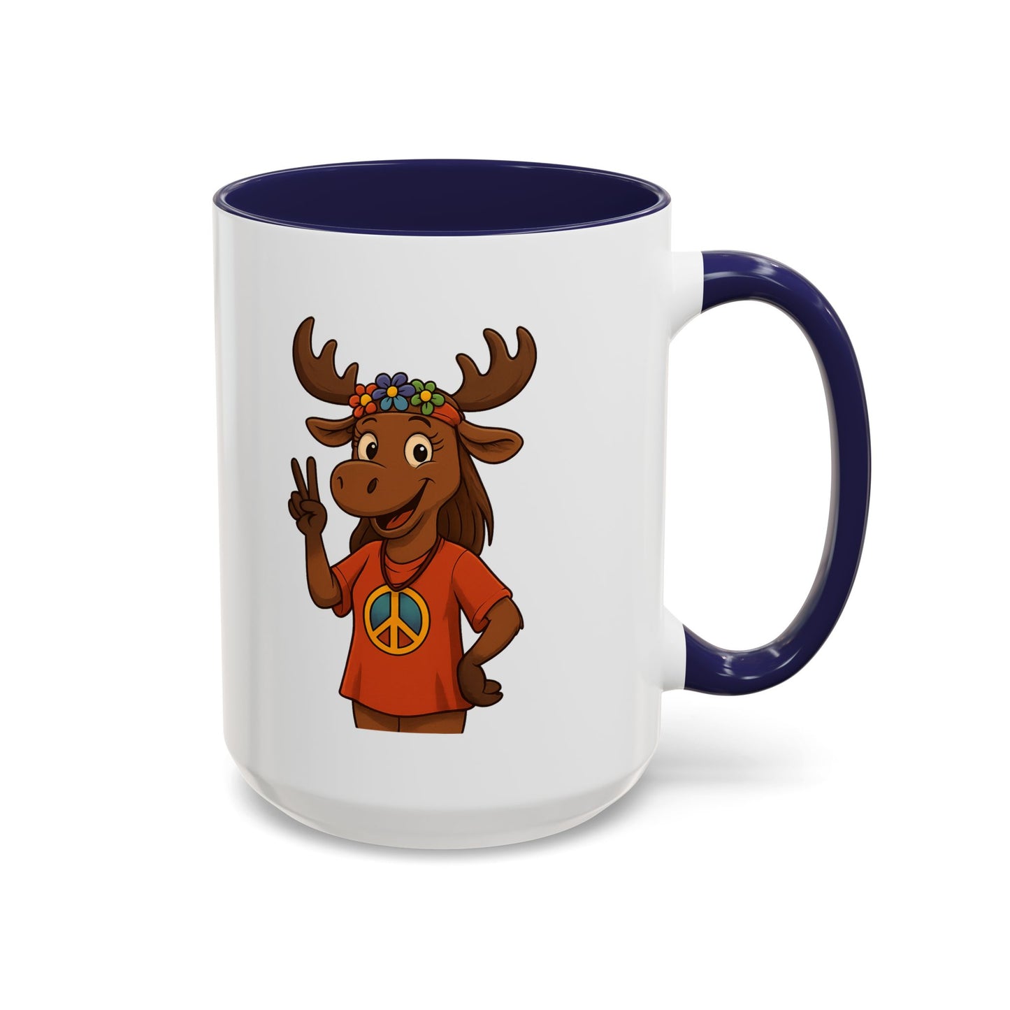 Peace Sign Moose Accent Coffee Mug — Hippie Moose with Flower Crown (11/15oz)