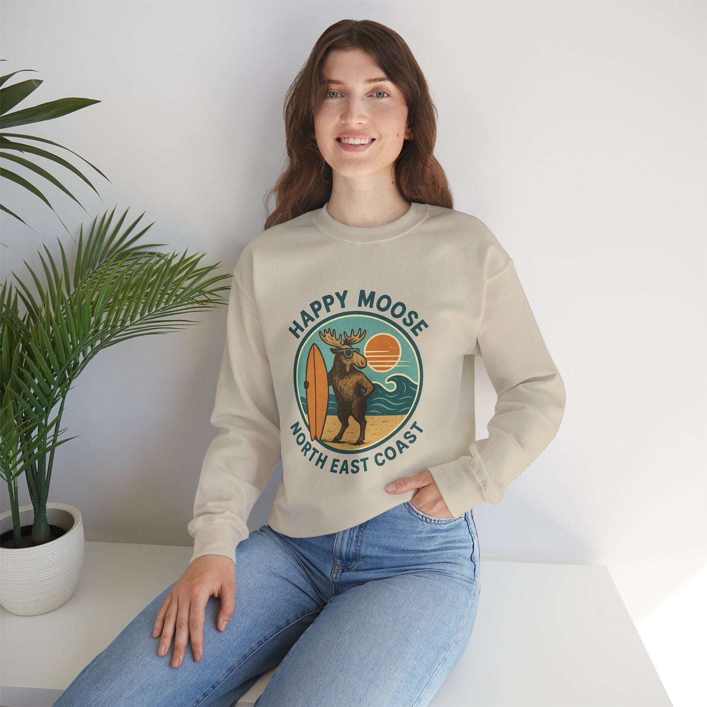 Happy Moose North East Coast Crewneck Sweatshirt — Vintage Surf Moose Graphic
