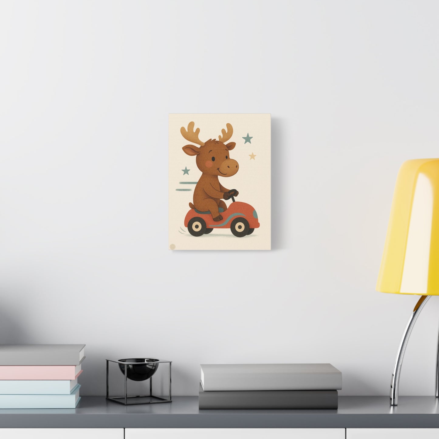 Cute Moose on Red Car Canvas Wall Art – Nursery Kids Decor