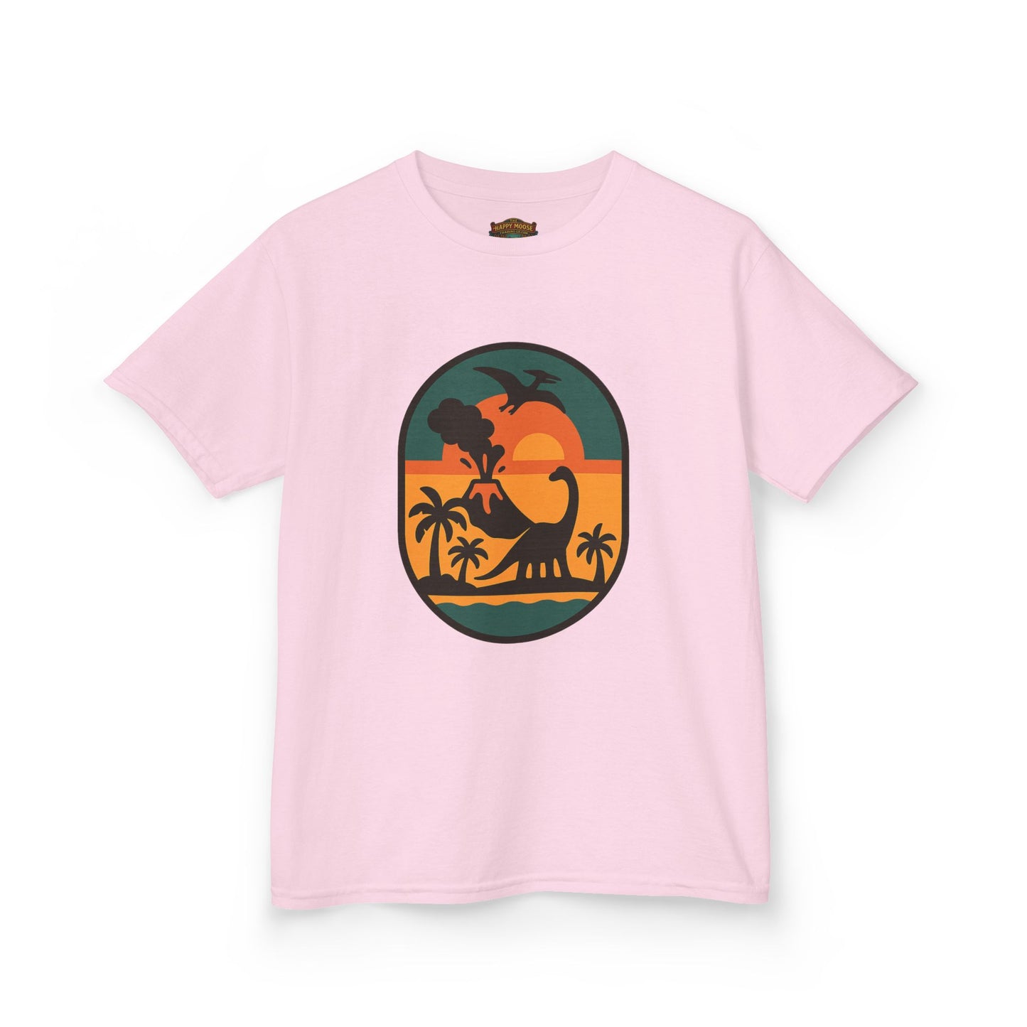 Kids T‑Shirt — Retro Tropical Dinosaur Sunset