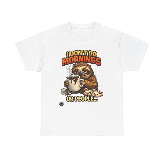 Sloth 'I Don't Do Mornings or People' Graphic Tee - Funny Coffee Shirt for Lazy Morning Lovers